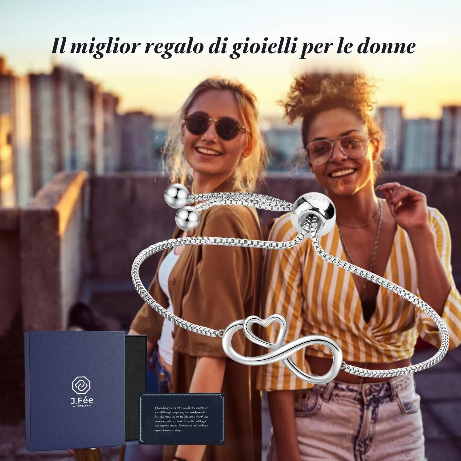 J.Fée Bracciale Argento 925 con Infinito Cuore Regalo per Donna, Mamma, Amica - Regolabile - immagine 6