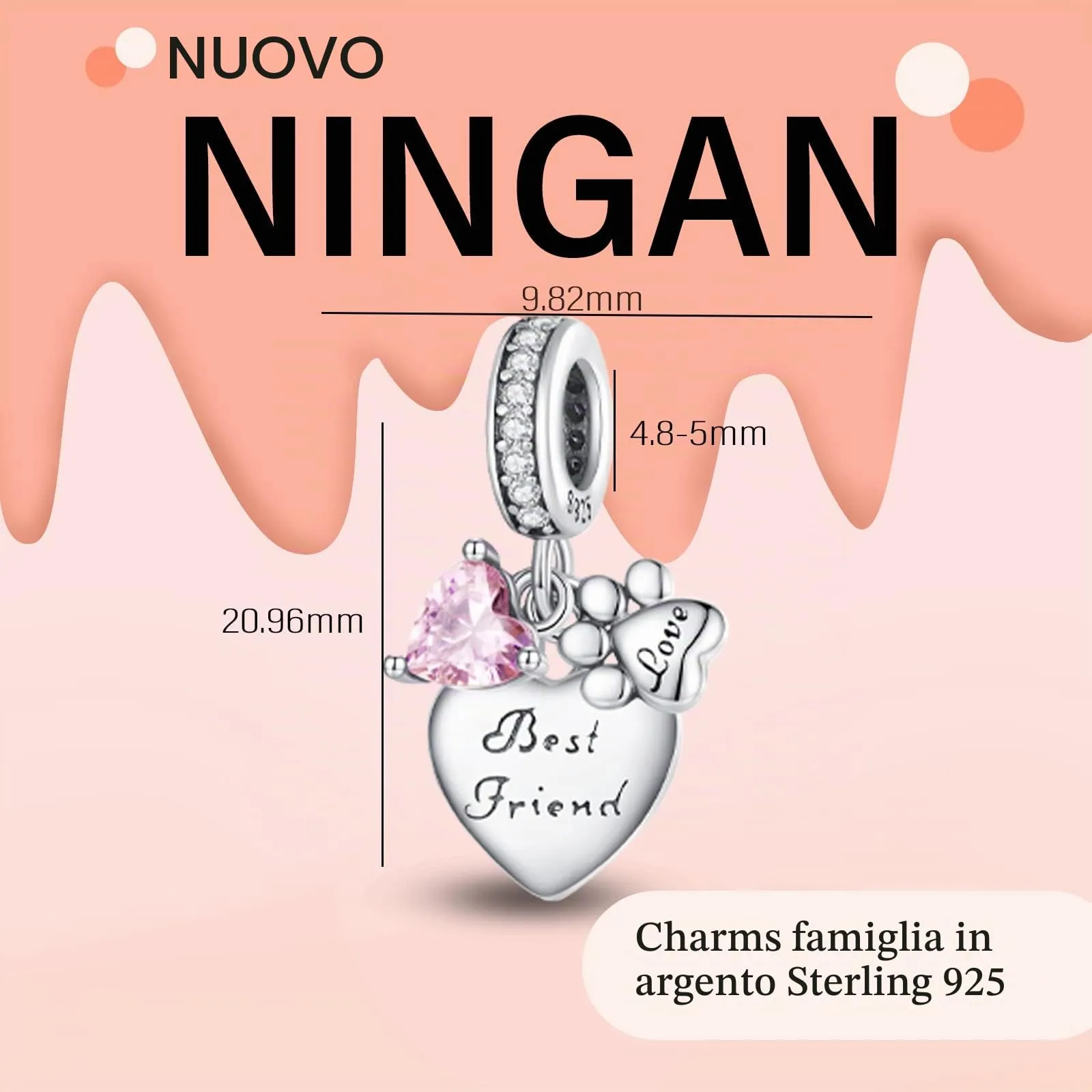 NINGAN I migliori amici Ciondolo a forma di cuore 925 ciondolo in argento sterling per collana bracciale da donna Regali per gli amici - immagine 2