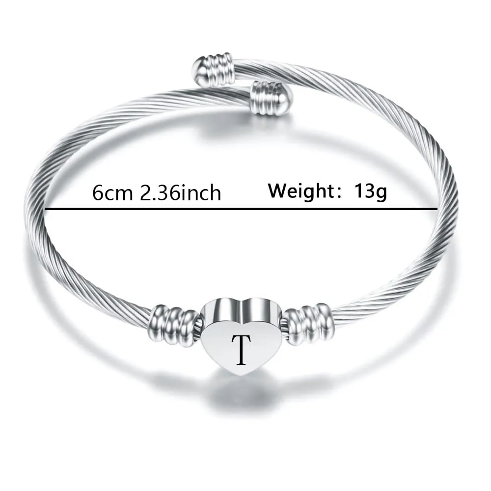 Suonie Argento Amore Cuore 26 Lettera Iniziale Alfabeto A-Z Polsino Bracciale Gioielli Regolabili Regalo Per Figlia Figlio Sorelle Amici Mamma Collega Amante Compleanno Natale (T) - immagine 2