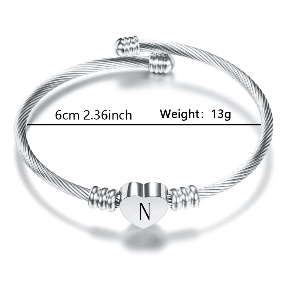 Suonie Argento Amore Cuore 26 Lettera Iniziale Alfabeto A-Z Polsino Bracciale Gioielli Regolabili Regalo Per Figlia Figlio Sorelle Amici Mamma Collega Amante Compleanno Natale (N) - immagine 2