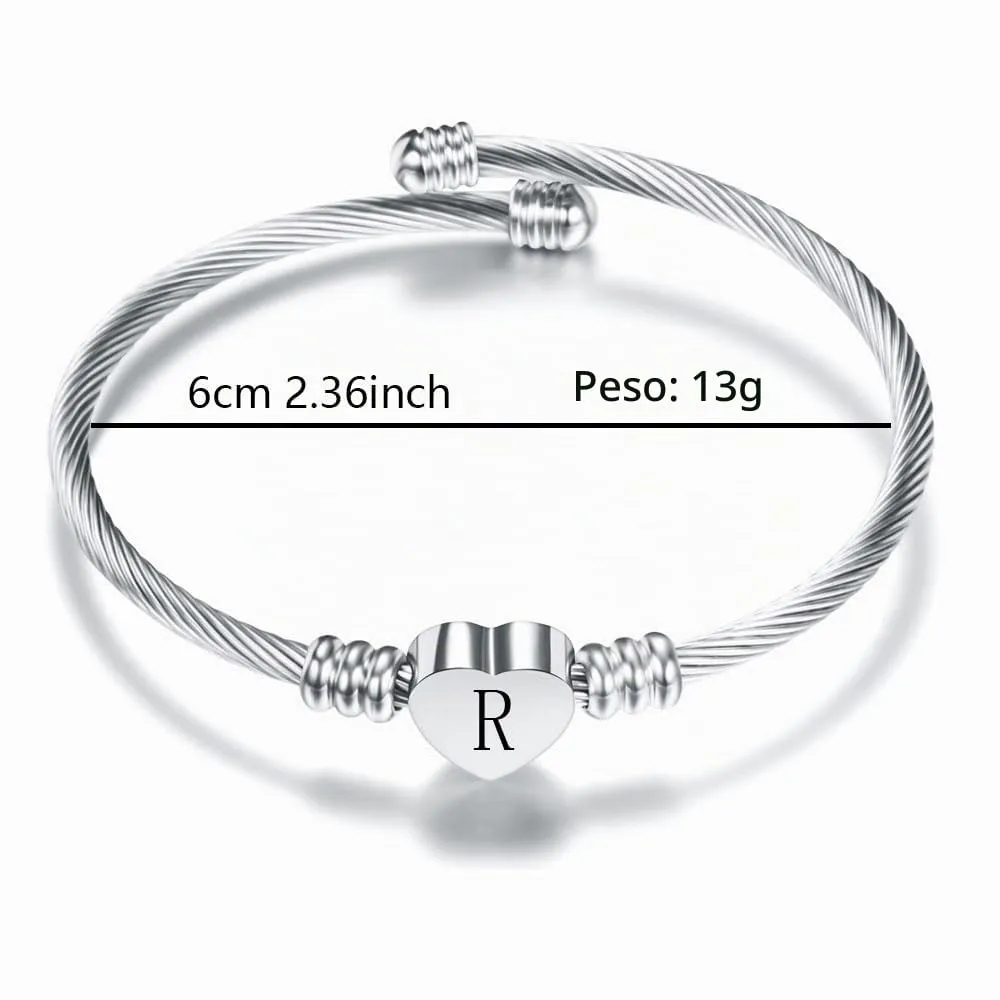 Suonie Argento Amore Cuore 26 Lettera Iniziale Alfabeto A-Z Polsino Bracciale Gioielli Regolabili Regalo Per Figlia Figlio Sorelle Amici Mamma Collega Amante Compleanno Natale (R) - immagine 2