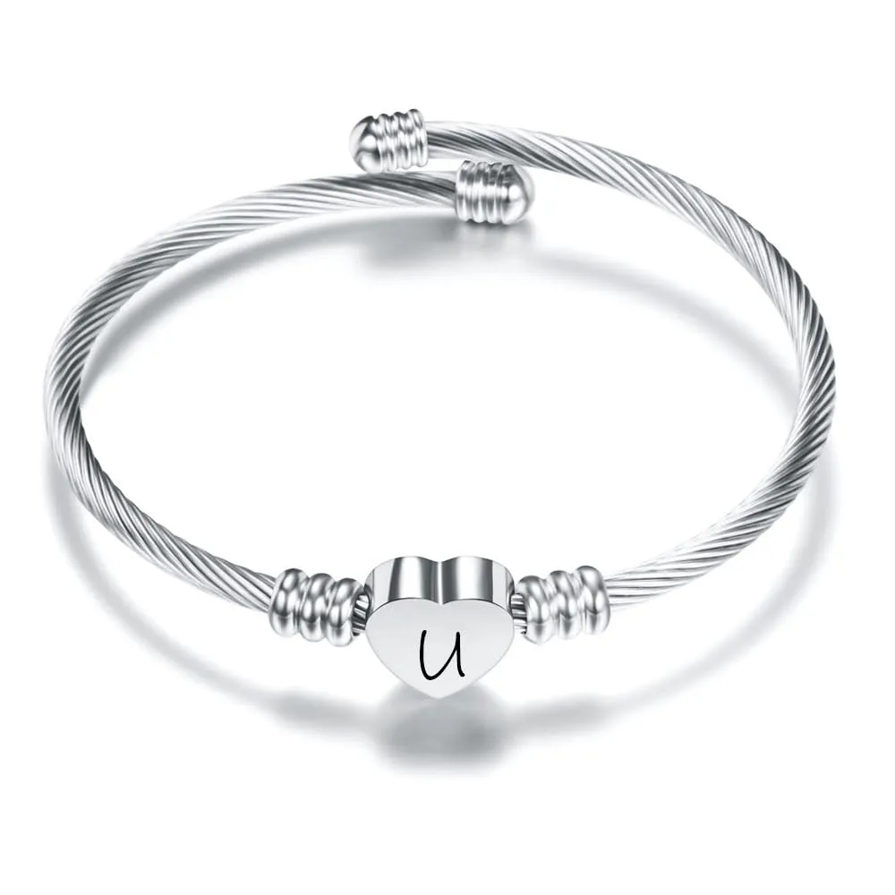 Suonie Argento Amore Cuore 26 Lettera Iniziale Alfabeto A-Z Polsino Bracciale Gioielli Regolabili Regalo Per Figlia Figlio Sorelle Amici Mamma Collega Amante Compleanno Natale (U) - immagine 1