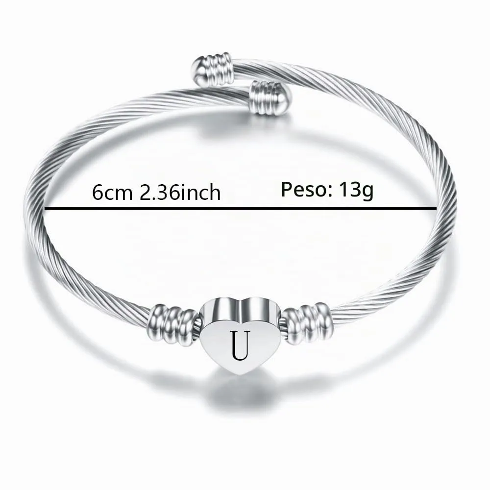 Suonie Argento Amore Cuore 26 Lettera Iniziale Alfabeto A-Z Polsino Bracciale Gioielli Regolabili Regalo Per Figlia Figlio Sorelle Amici Mamma Collega Amante Compleanno Natale (U) - immagine 2