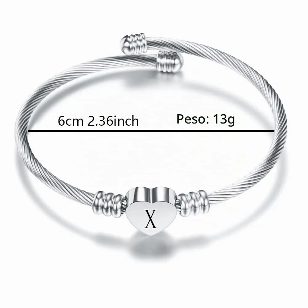 Suonie Argento Amore Cuore 26 Lettera Iniziale Alfabeto A-Z Polsino Bracciale Gioielli Regolabili Regalo Per Figlia Figlio Sorelle Amici Mamma Collega Amante Compleanno Natale (X) - immagine 2
