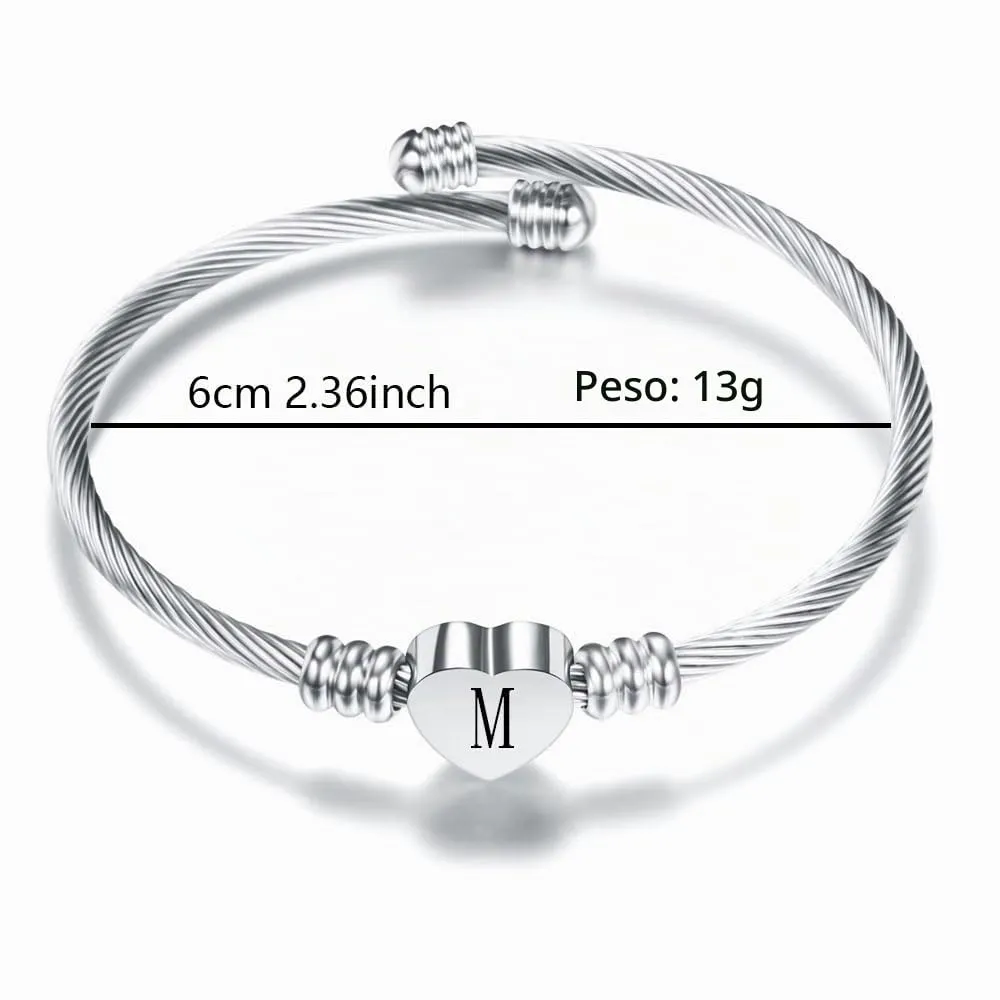 Suonie Argento Amore Cuore 26 Lettera Iniziale Alfabeto A-Z Polsino Bracciale Gioielli Regolabili Regalo Per Figlia Figlio Sorelle Amici Mamma Collega Amante Compleanno Natale (M) - immagine 2