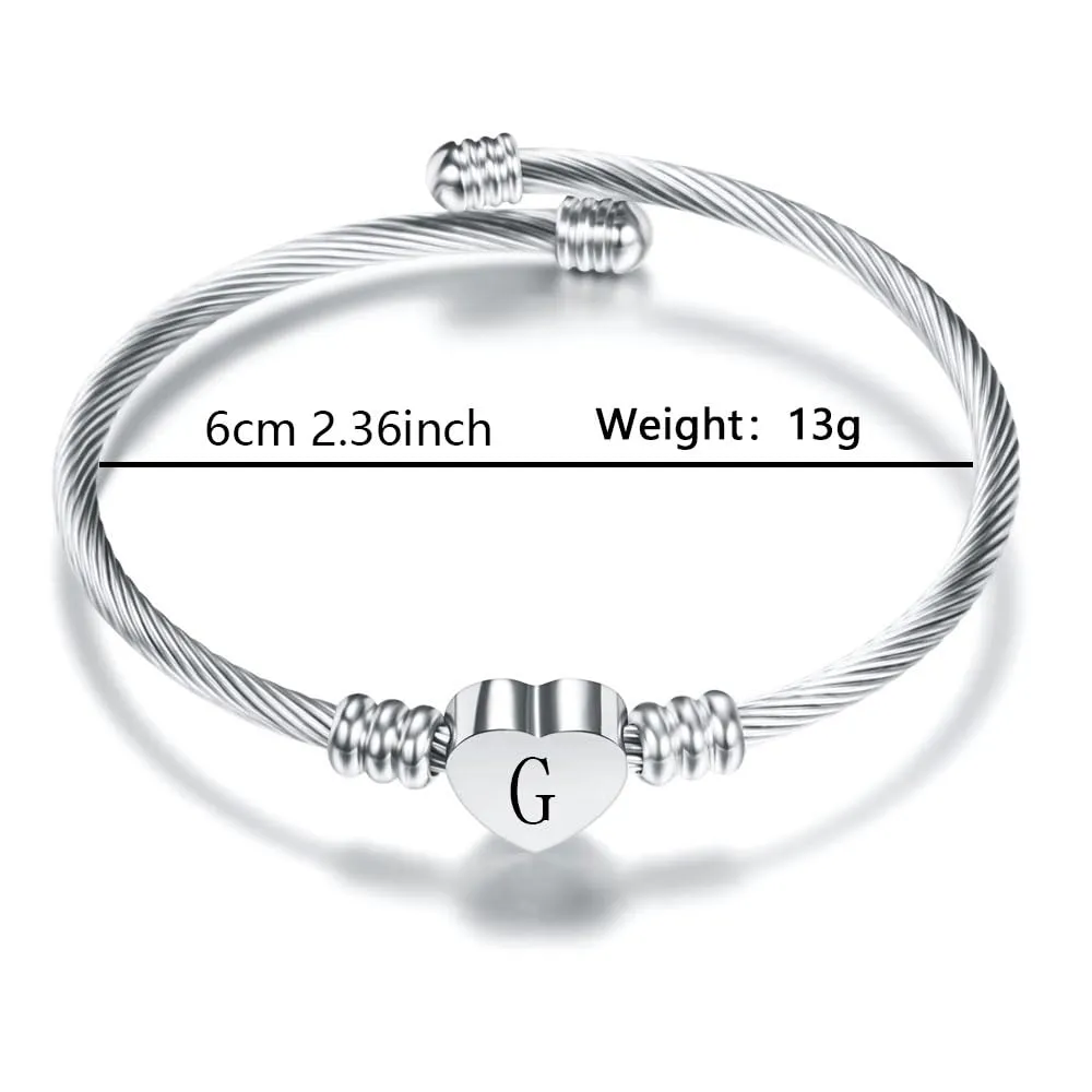 Suonie Argento Amore Cuore 26 Lettera Iniziale Alfabeto A-Z Polsino Bracciale Gioielli Regolabili Regalo Per Figlia Figlio Sorelle Amici Mamma Collega Amante Compleanno Natale (G) - immagine 2