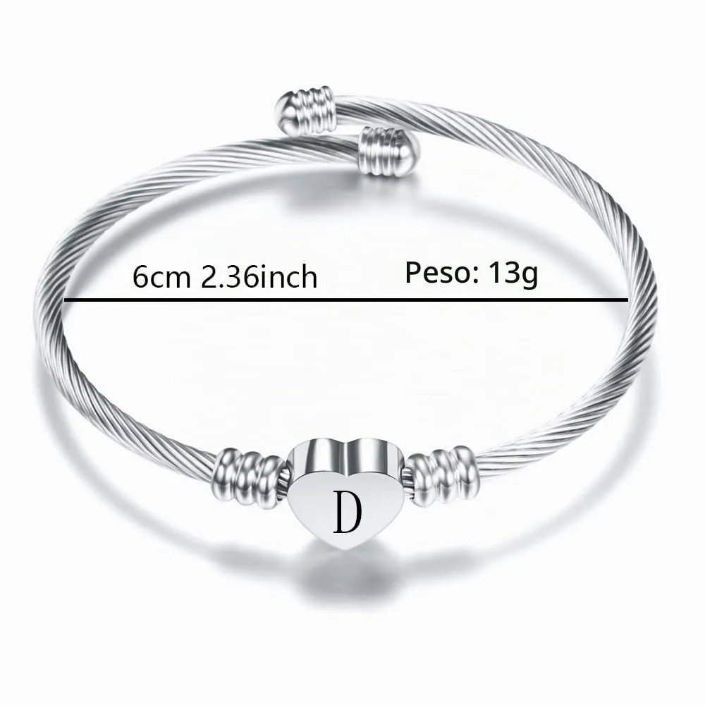 Suonie Argento Amore Cuore 26 Lettera Iniziale Alfabeto A-Z Polsino Bracciale Gioielli Regolabili Regalo Per Figlia Figlio Sorelle Amici Mamma Collega Amante Compleanno Natale (D) - immagine 2