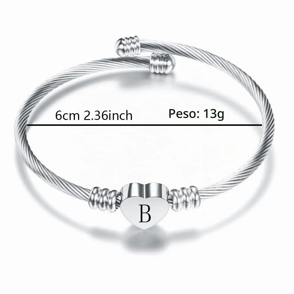 Suonie Argento Amore Cuore 26 Lettera Iniziale Alfabeto A-Z Polsino Bracciale Gioielli Regolabili Regalo Per Figlia Figlio Sorelle Amici Mamma Collega Amante Compleanno Natale (B) - immagine 2