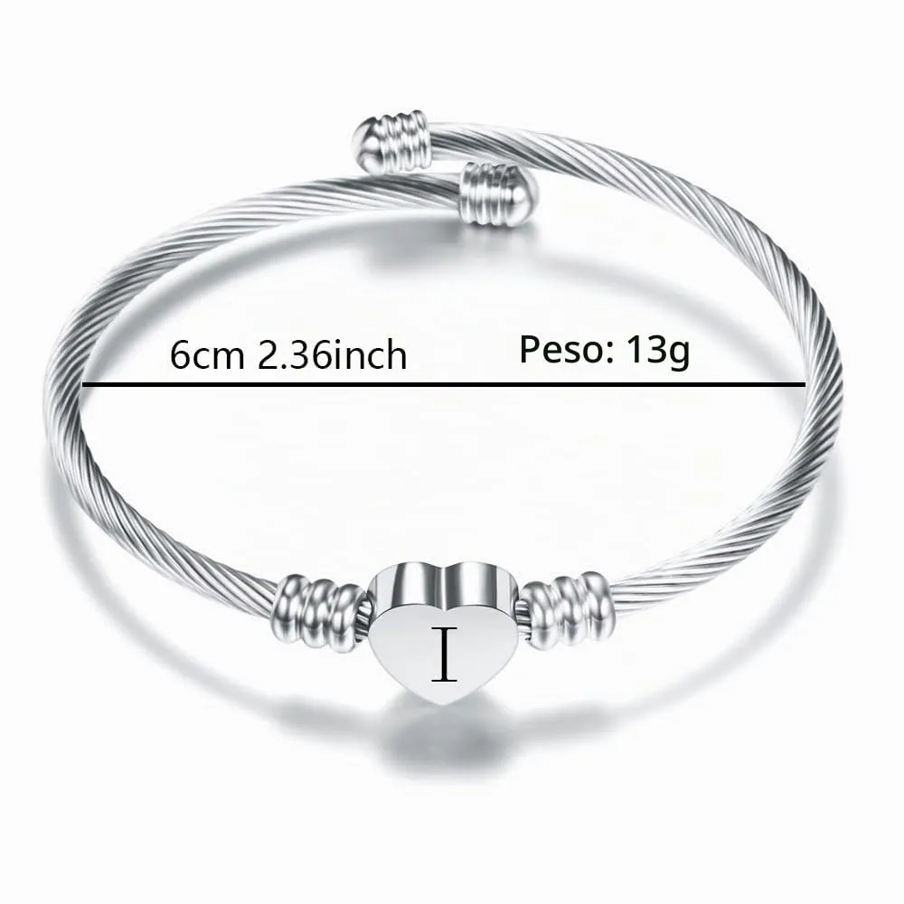 Suonie Argento Amore Cuore 26 Lettera Iniziale Alfabeto A-Z Polsino Bracciale Gioielli Regolabili Regalo Per Figlia Figlio Sorelle Amici Mamma Collega Amante Compleanno Natale (I) - immagine 2