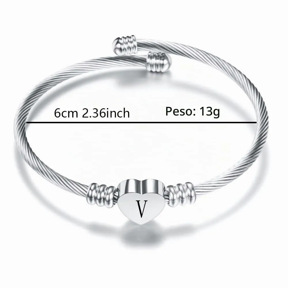 Suonie Argento Amore Cuore 26 Lettera Iniziale Alfabeto A-Z Polsino Bracciale Gioielli Regolabili Regalo Per Figlia Figlio Sorelle Amici Mamma Collega Amante Compleanno Natale (V) - immagine 2