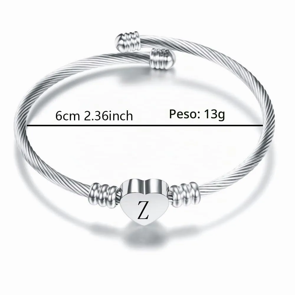 Suonie Argento Amore Cuore 26 Lettera Iniziale Alfabeto A-Z Polsino Bracciale Gioielli Regolabili Regalo Per Figlia Figlio Sorelle Amici Mamma Collega Amante Compleanno Natale (Z) - immagine 2