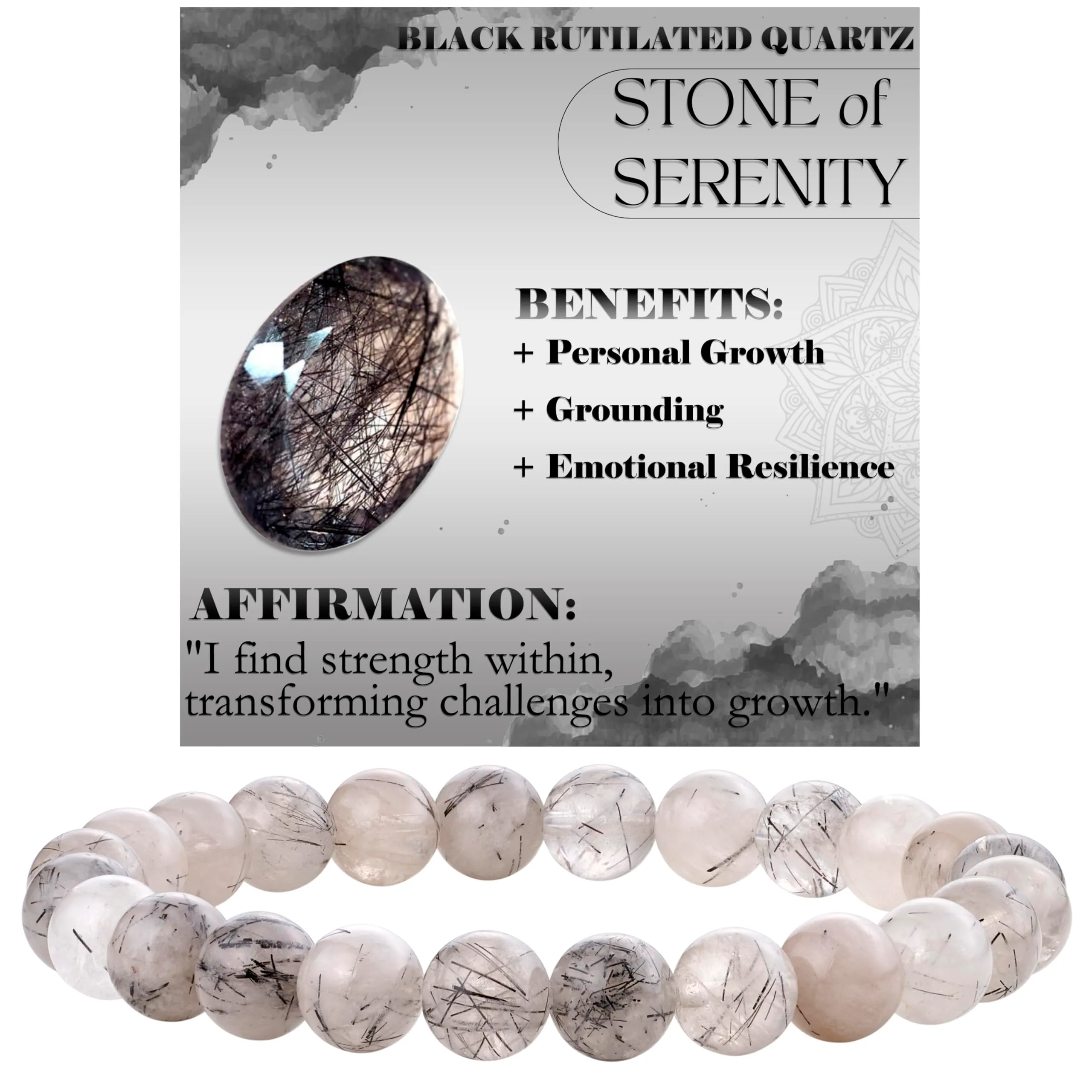Bivei Bracciale Donna Pietre Naturali Nero Rutilato Quarzo 8 mm, 18,5 cm - immagine 1