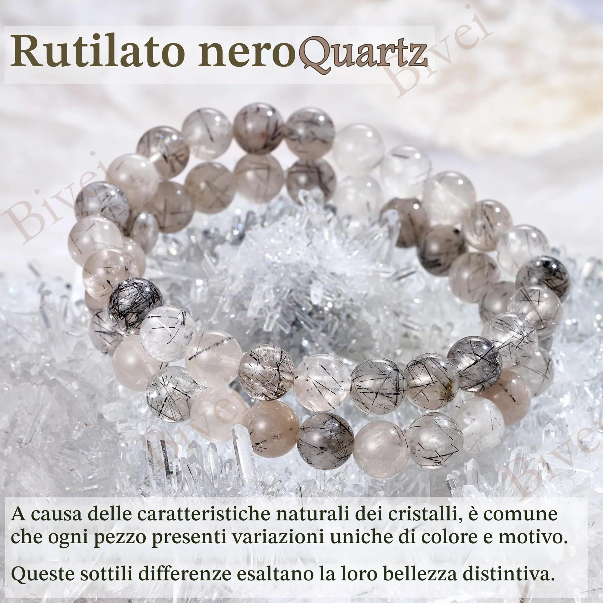 Bivei Bracciale Donna Pietre Naturali Nero Rutilato Quarzo 8 mm, 18,5 cm - immagine 5