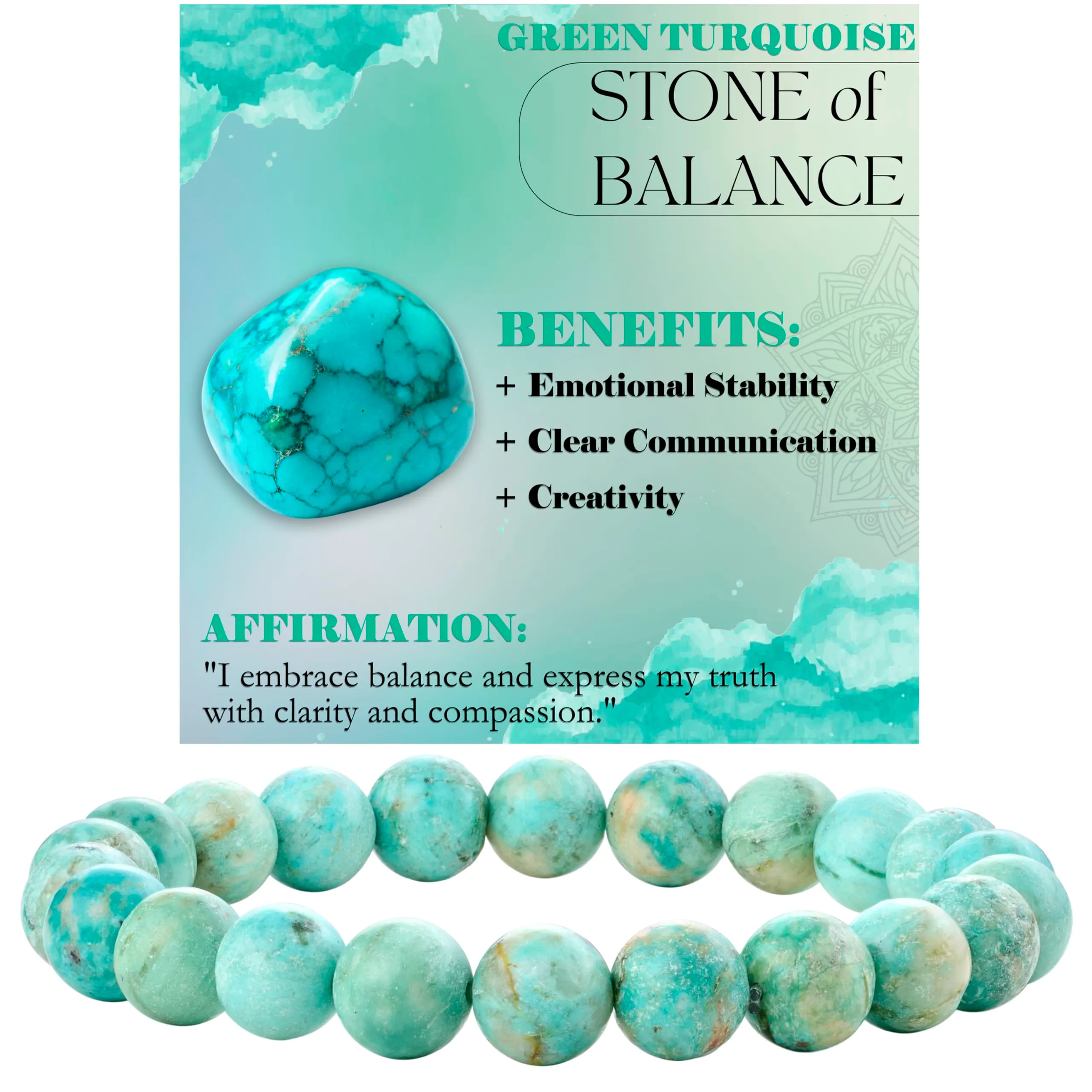 Bivei Bracciale Donna Pietre Naturali Turchese Verde 8 mm, 18,5 cm - immagine 1