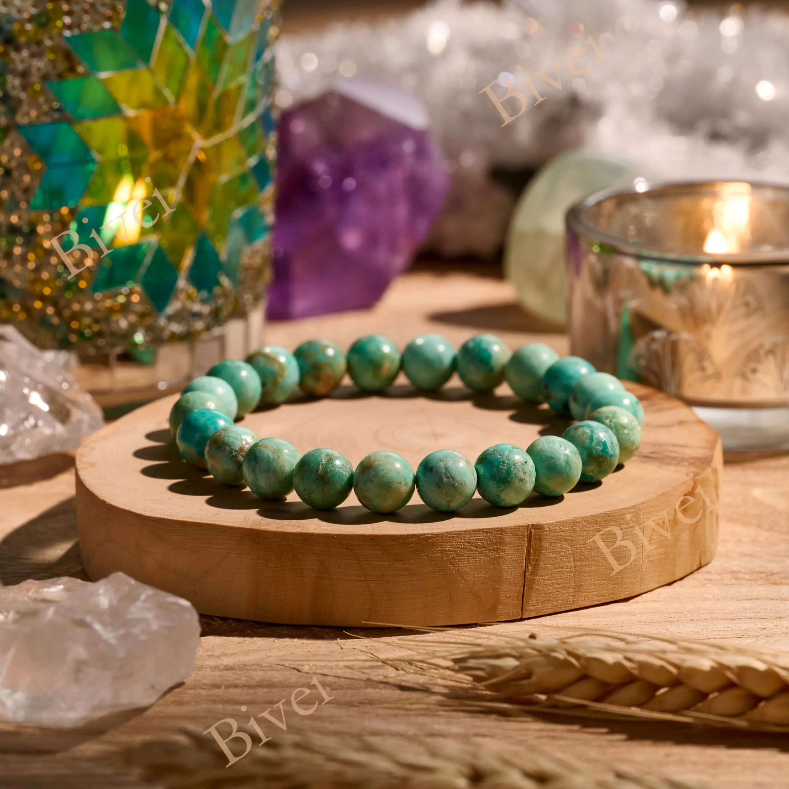 Bivei Bracciale Donna Pietre Naturali Turchese Verde 8 mm, 18,5 cm - immagine 4