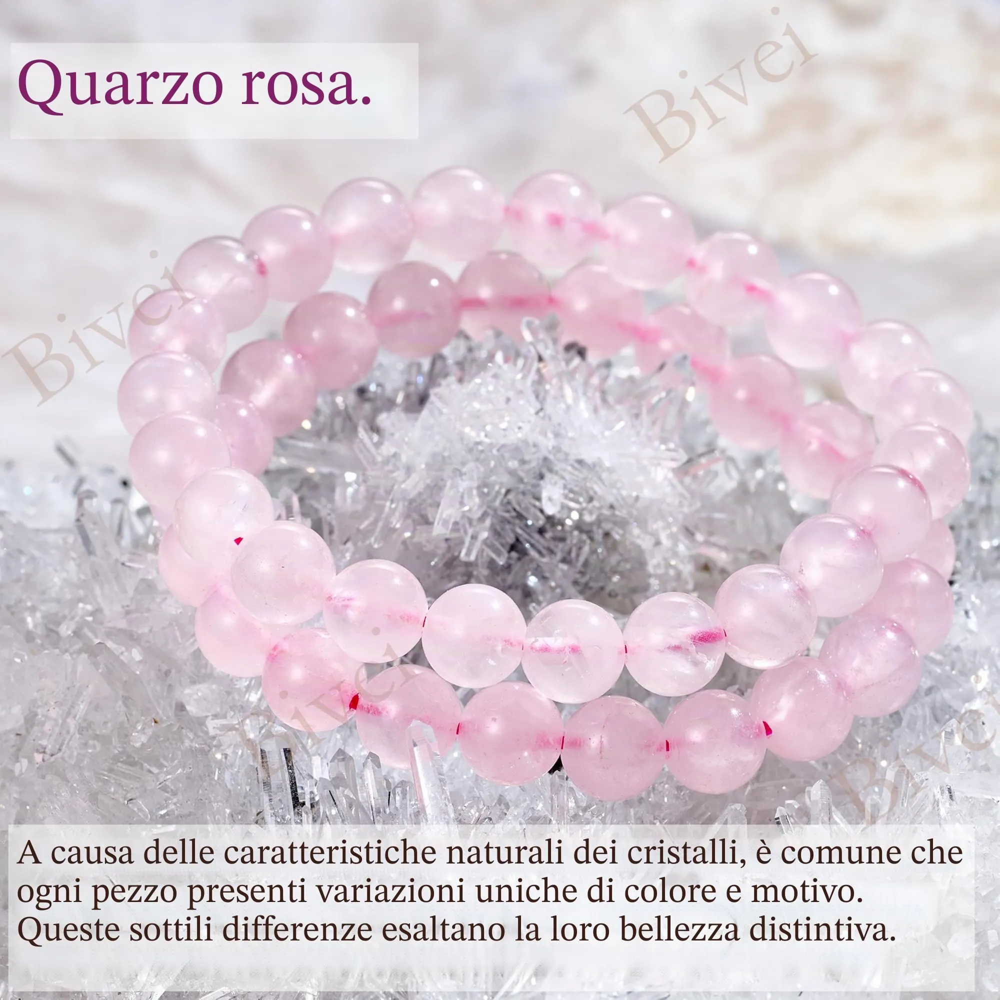 Bivei Bracciale Donna Pietre Naturali Quarzo rosa 8 mm, 18,5 cm - immagine 5