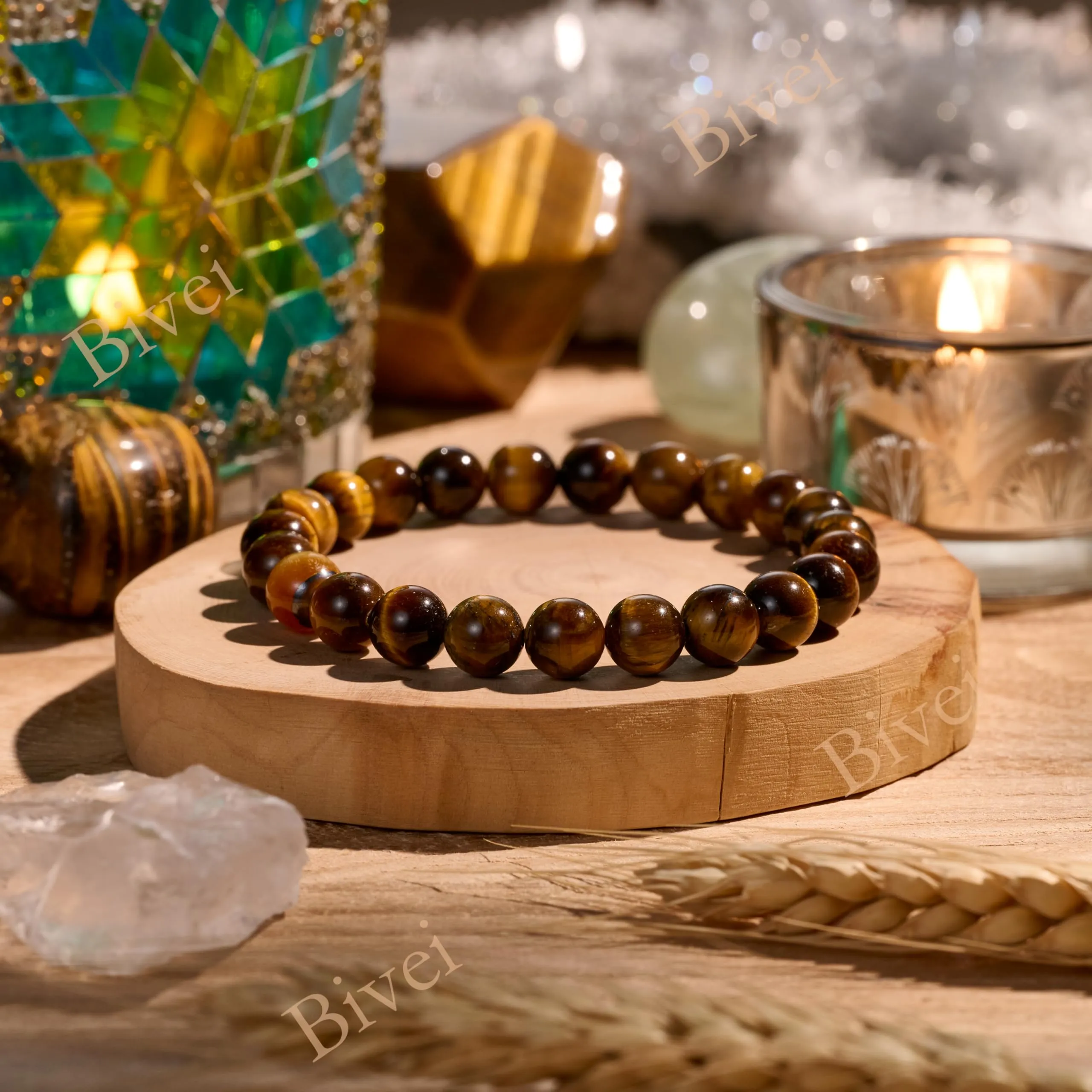 Bivei Bracciale Donna Pietre Naturali Occhio di Tigre 8 mm, 18,5 cm - immagine 4