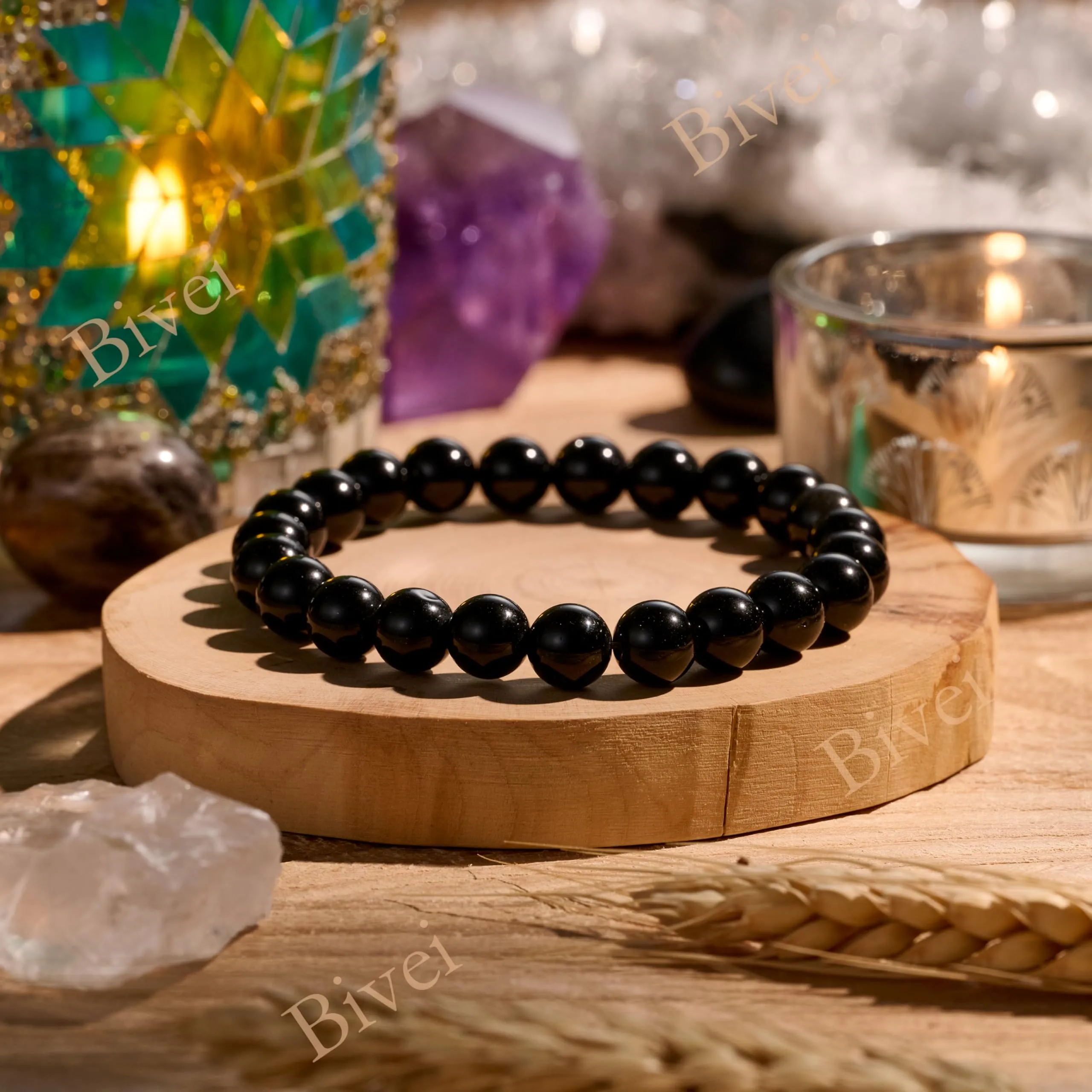 Bivei Bracciale Donna Pietre Naturali Ossidiana Nera 8 mm, 18,5 cm - immagine 4