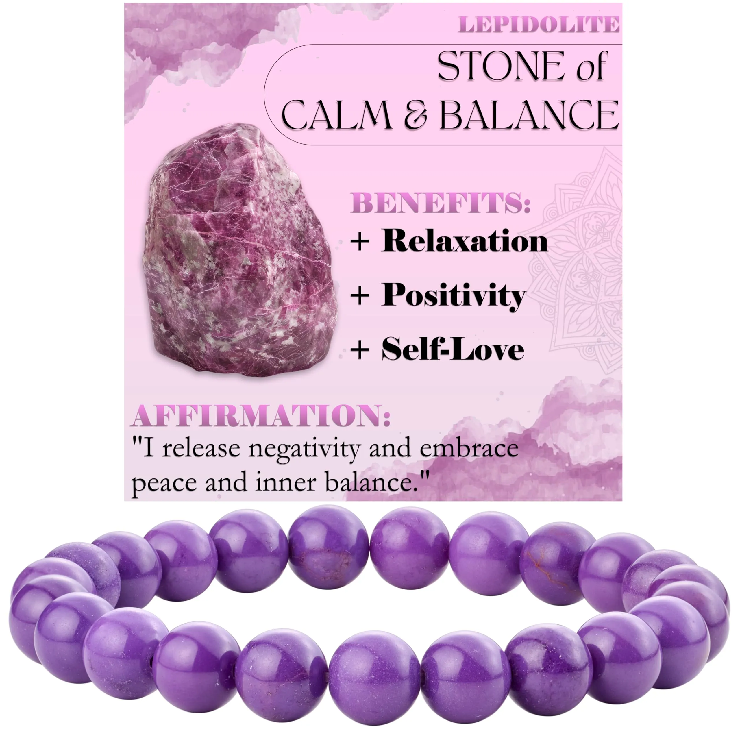 Bivei Bracciale Donna Pietre Naturali Lepidolite 8 mm, 18,5 cm - immagine 1