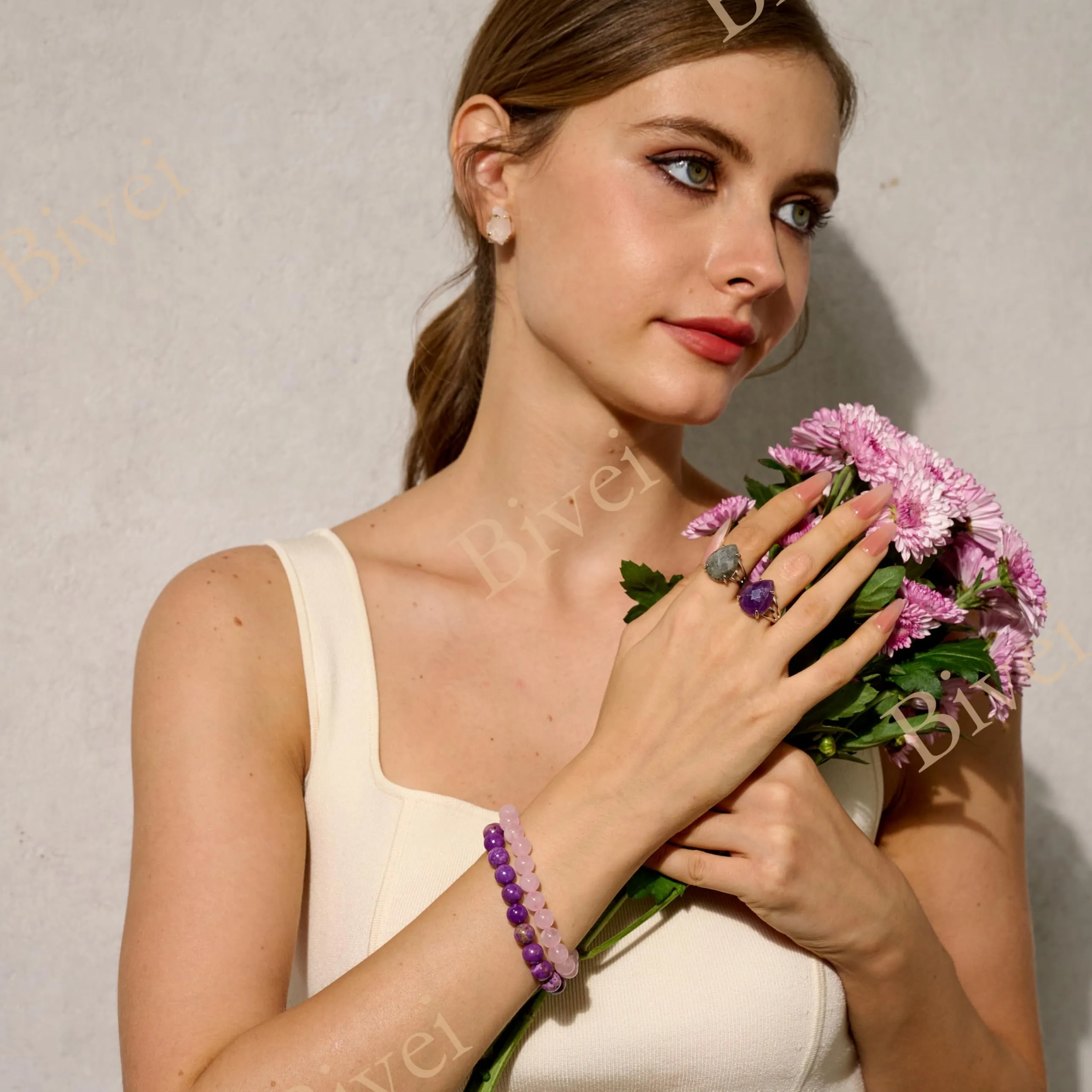 Bivei Bracciale Donna Pietre Naturali Lepidolite 8 mm, 18,5 cm - immagine 3