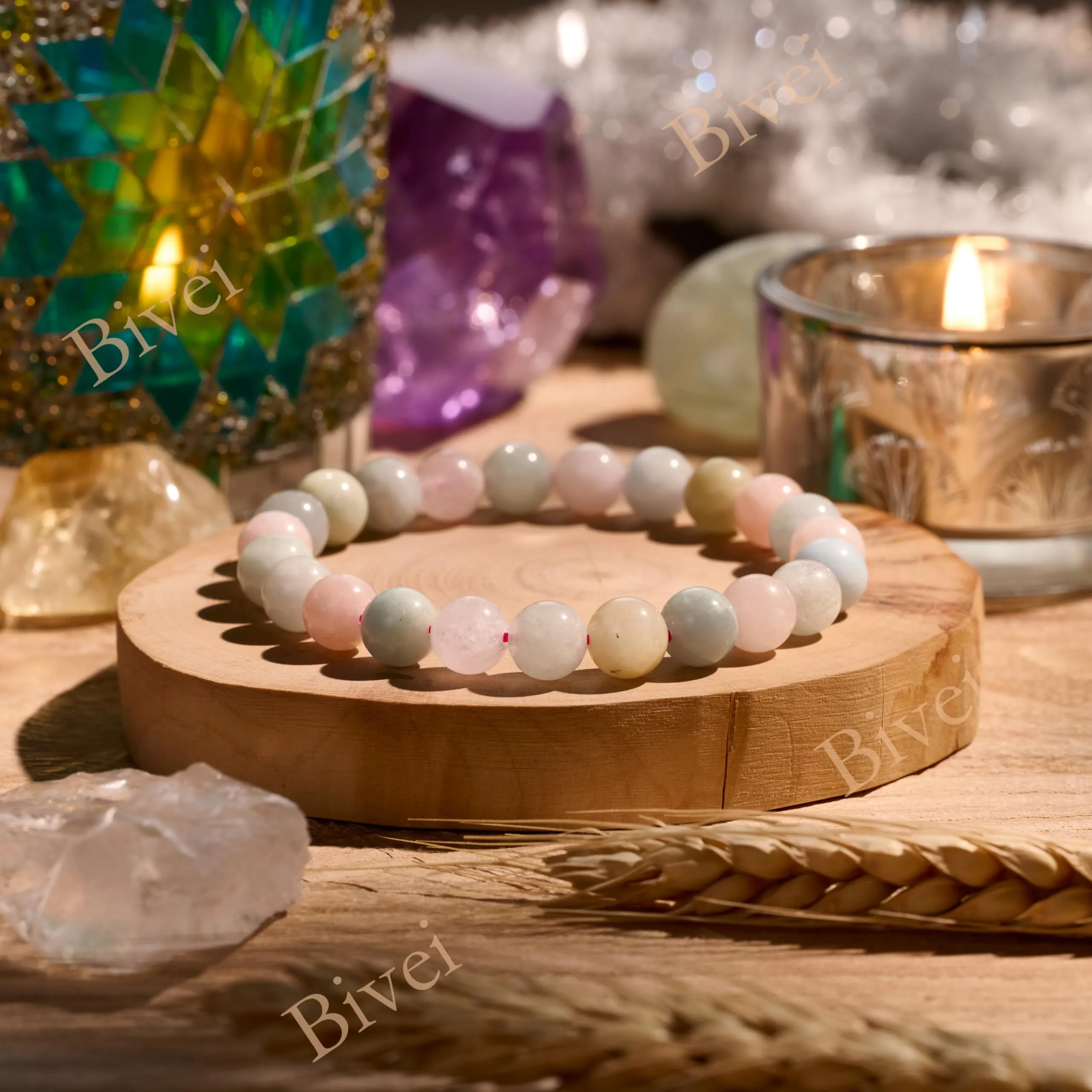 Bivei Bracciale Donna Pietre Naturali Morganite 8 mm, 18,5 cm - immagine 4