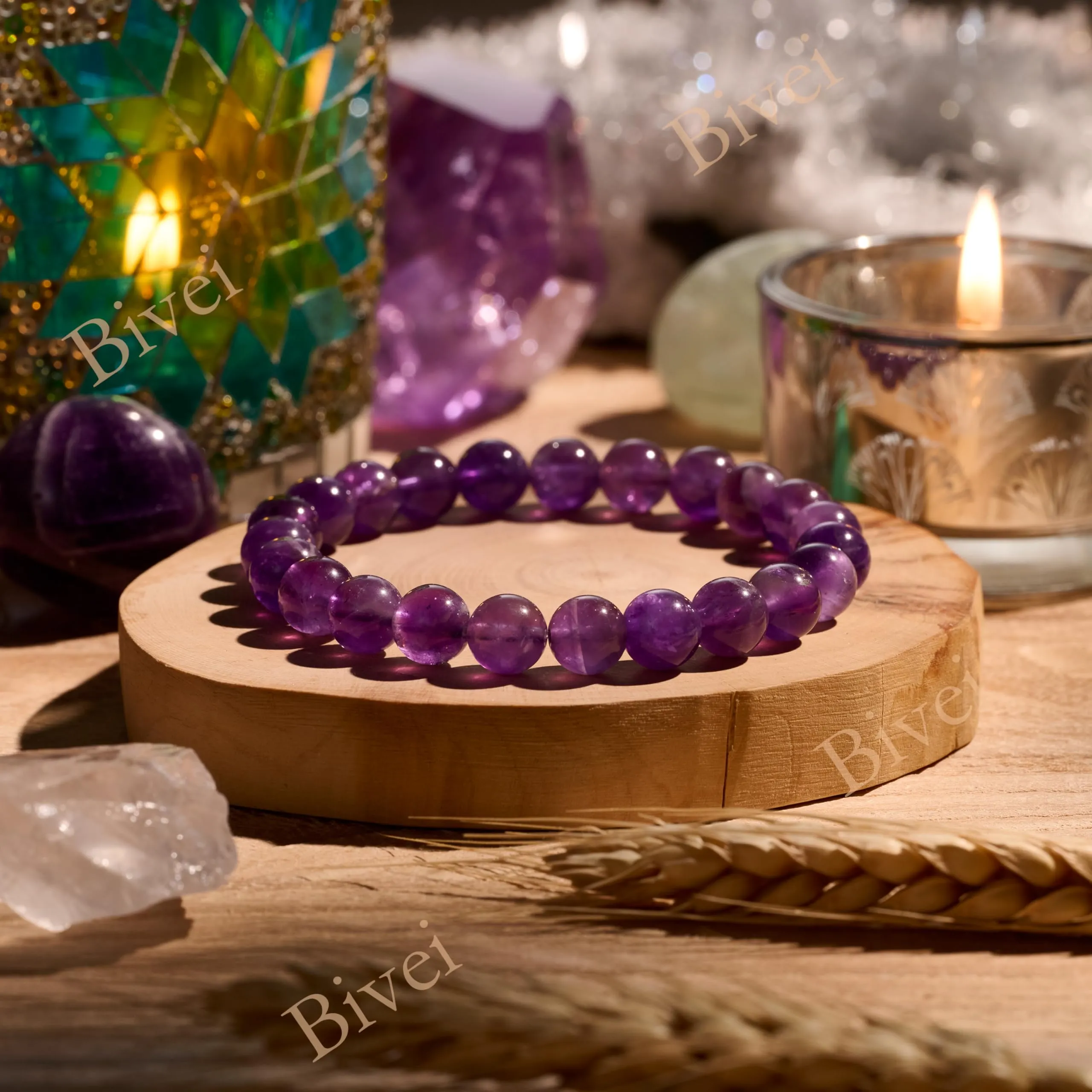 Bivei Bracciale Donna Pietre Naturali Ametista 8 mm, 18,5 cm - immagine 4