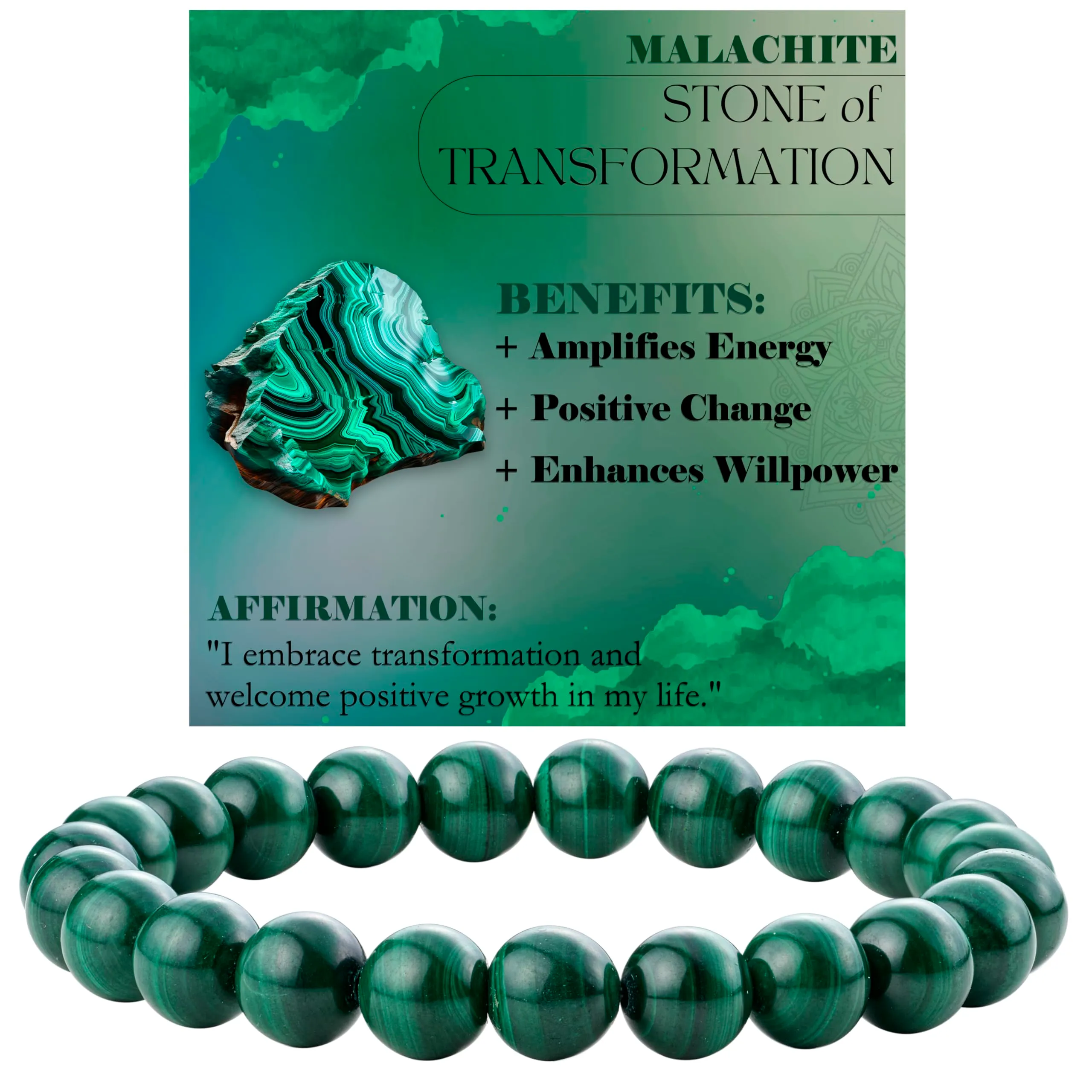 Bivei Bracciale Donna Pietre Naturali Malachite 8 mm, 18,5 cm - immagine 1