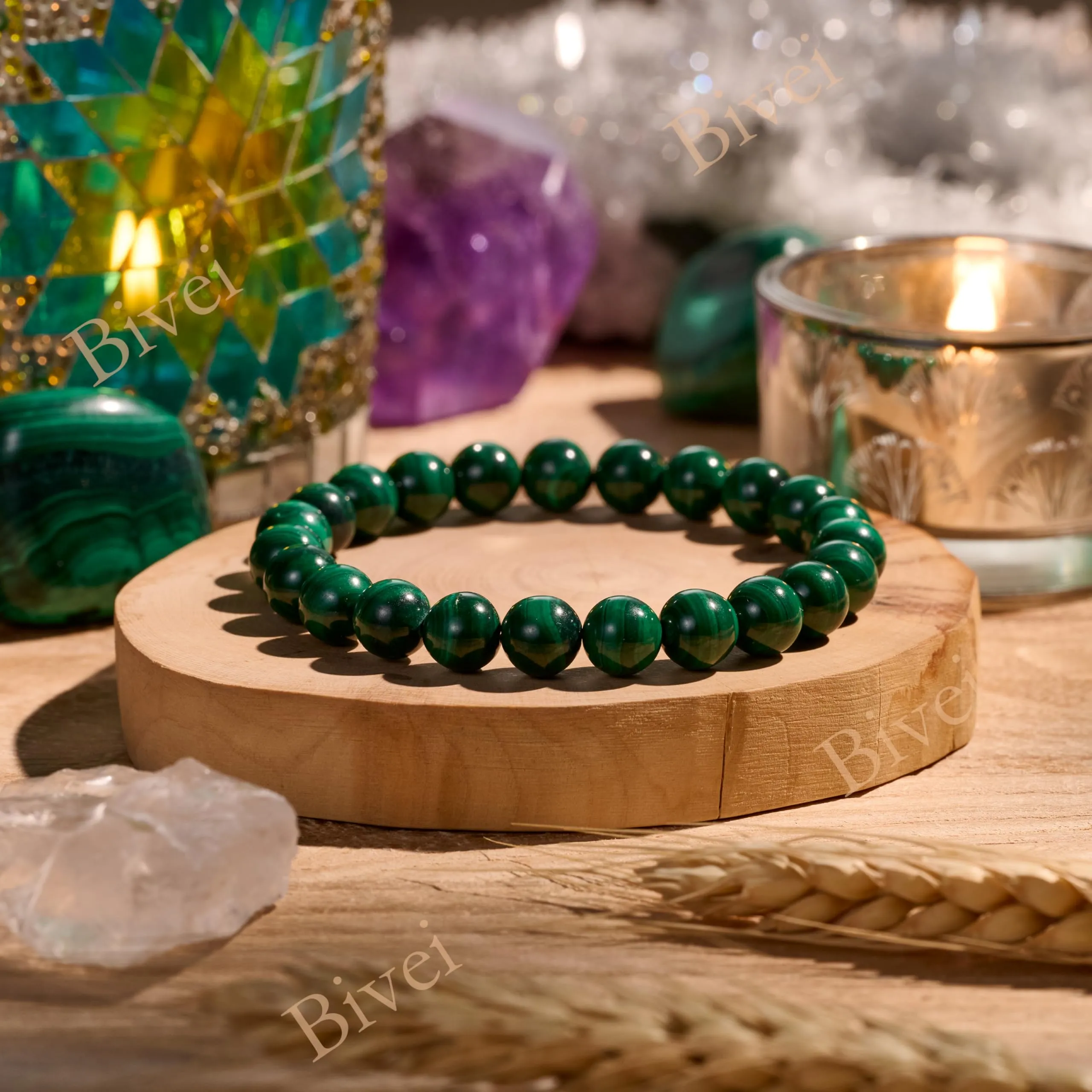 Bivei Bracciale Donna Pietre Naturali Malachite 8 mm, 18,5 cm - immagine 4