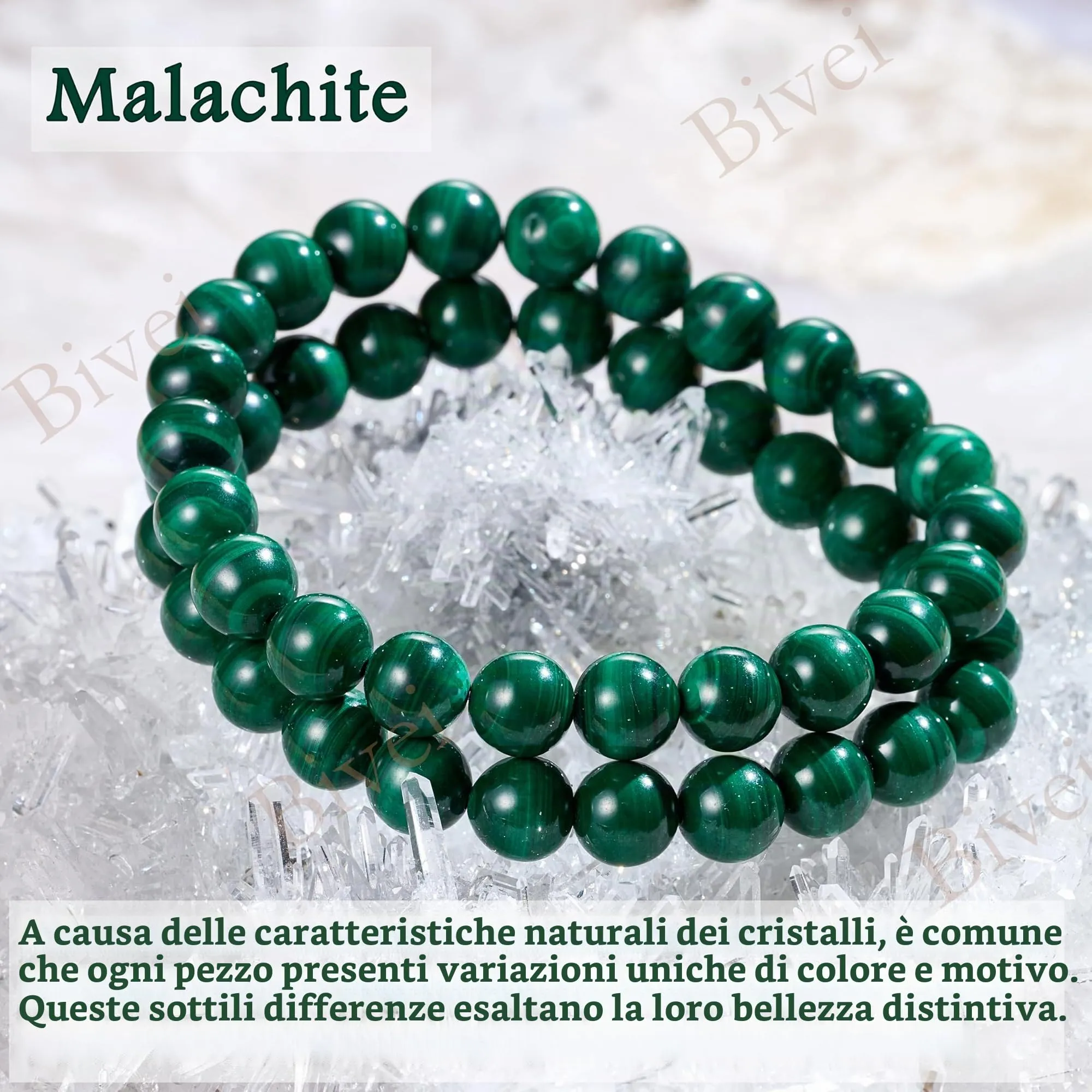 Bivei Bracciale Donna Pietre Naturali Malachite 8 mm, 18,5 cm - immagine 5