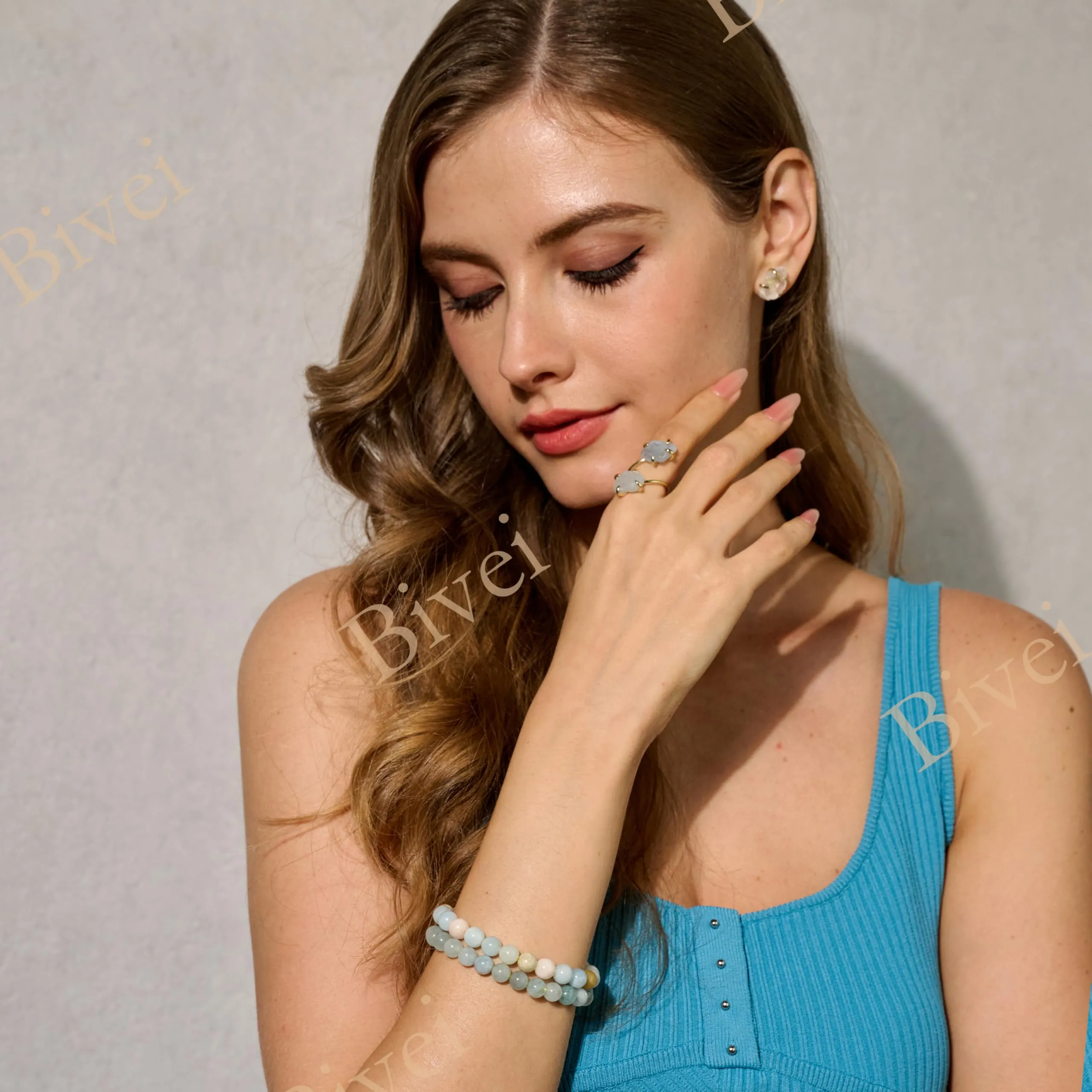 Bivei Bracciale Donna Pietre Naturali Acquamarina 8 mm, 18,5 cm - immagine 3