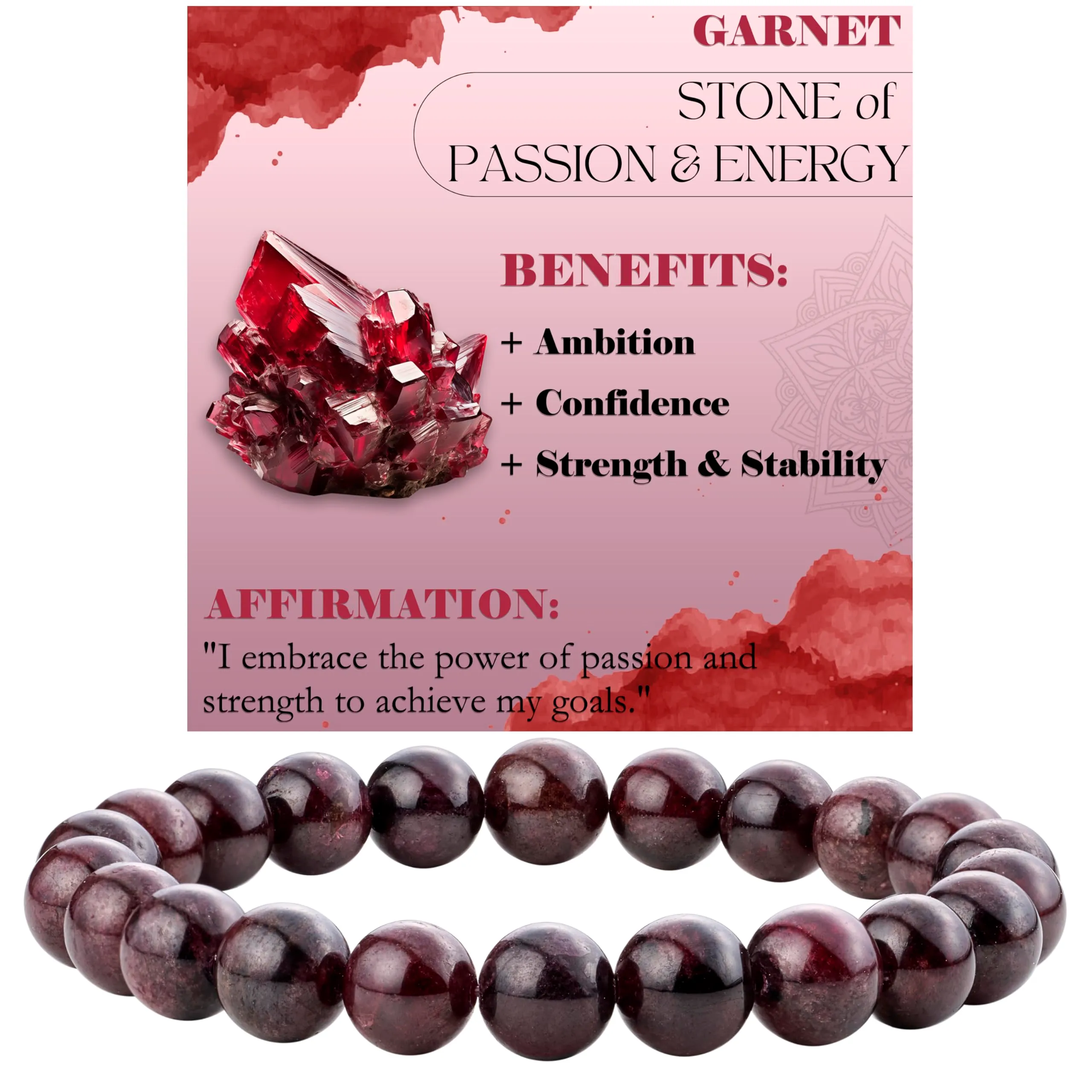 Bivei Bracciale Donna Pietre Naturali Granato 8 mm, 18,5 cm - immagine 1