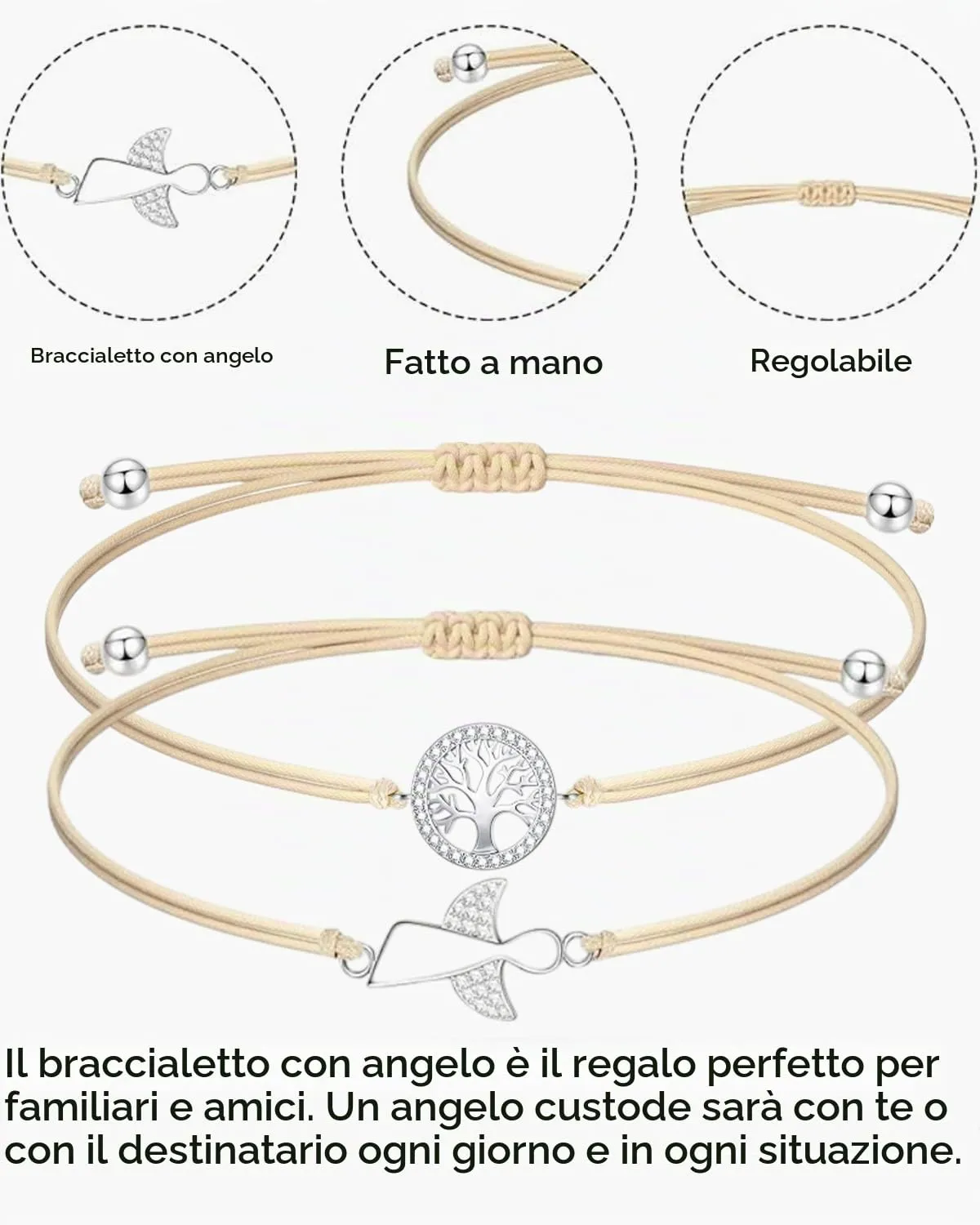 CULEB Bracciale Angelo Custode e Albero della Vita, Portafortuna in Argento con Cordoncino Intrecciato Regolabile, Regalo per Cresima, Battesimo e Comunione per Ragazze e Donne - immagine 3