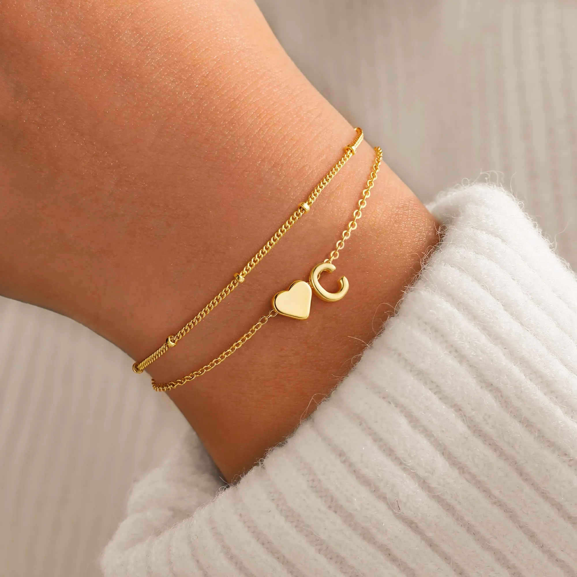 TINGN Bracciale da donna, in oro argento, placcato oro 14 carati, con cuore a strati, personalizzabile, con lettere dell'alfabeto e monogramma, regalo per donna, fidanzata, 15 cm + 5 cm - immagine 2