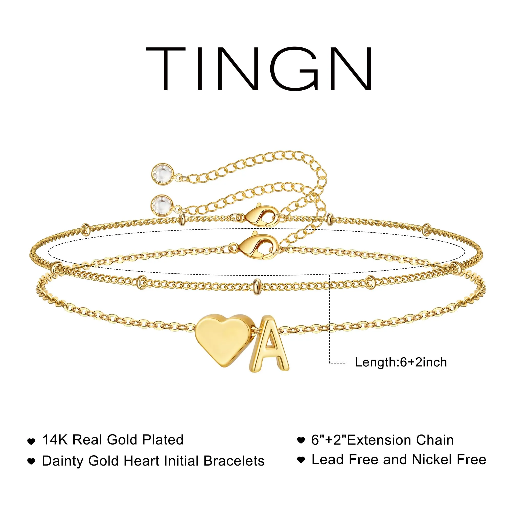 TINGN Bracciale da donna placcato in oro 14 carati - Bracciali a strati con cuore personalizzati con lettere, monogramma, alfabeto, bracciale da donna, gioielli in oro, regali per donne, fidanzate - immagine 6