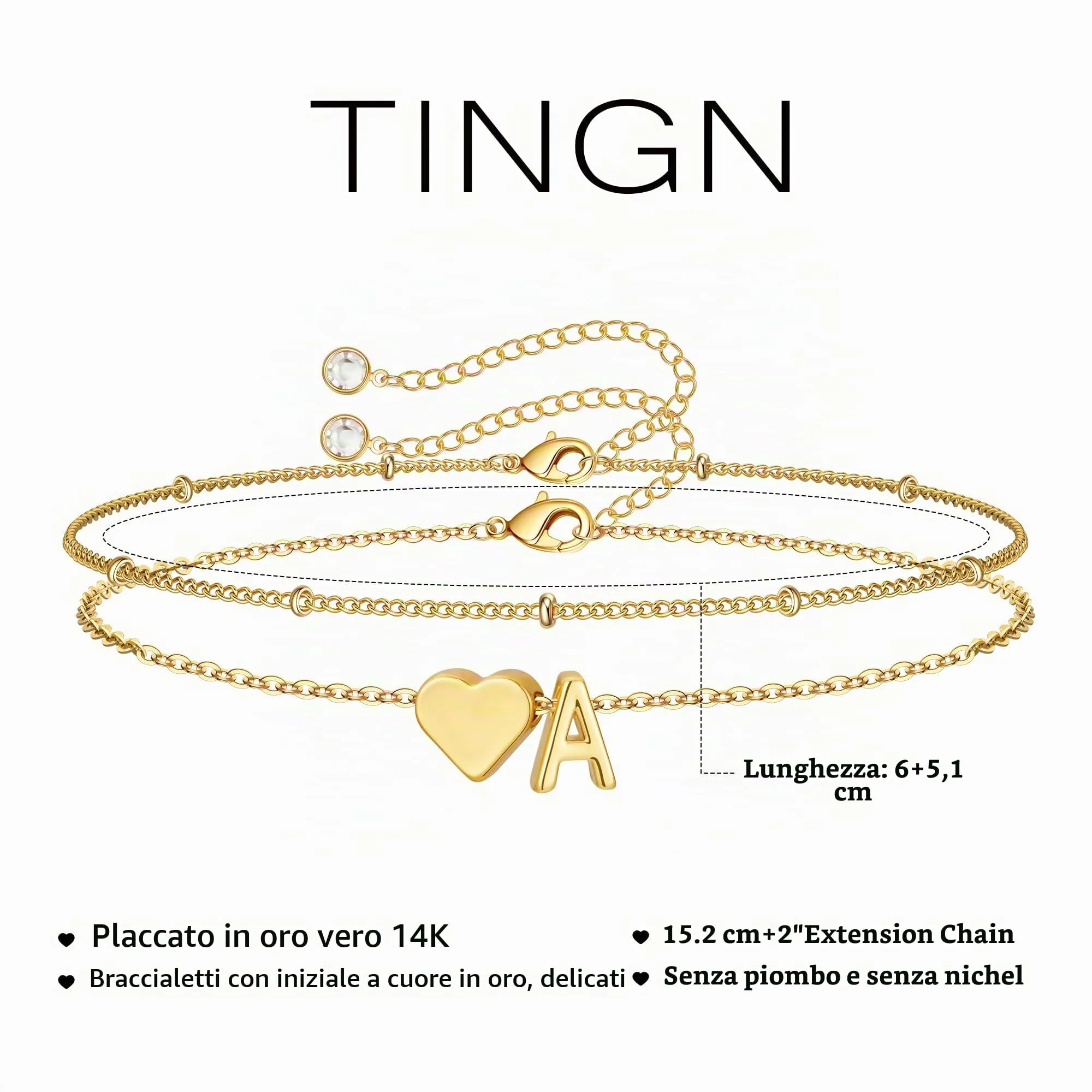 Bracciale Tingn da Donna - Oro Argentato - Placcato Oro 14 Carati - Cuore a Strati - Personalizzabile - Con Lettere dell'Alfabeto e Monogramma - Regalo per Donna, Fidanzata - immagine 6