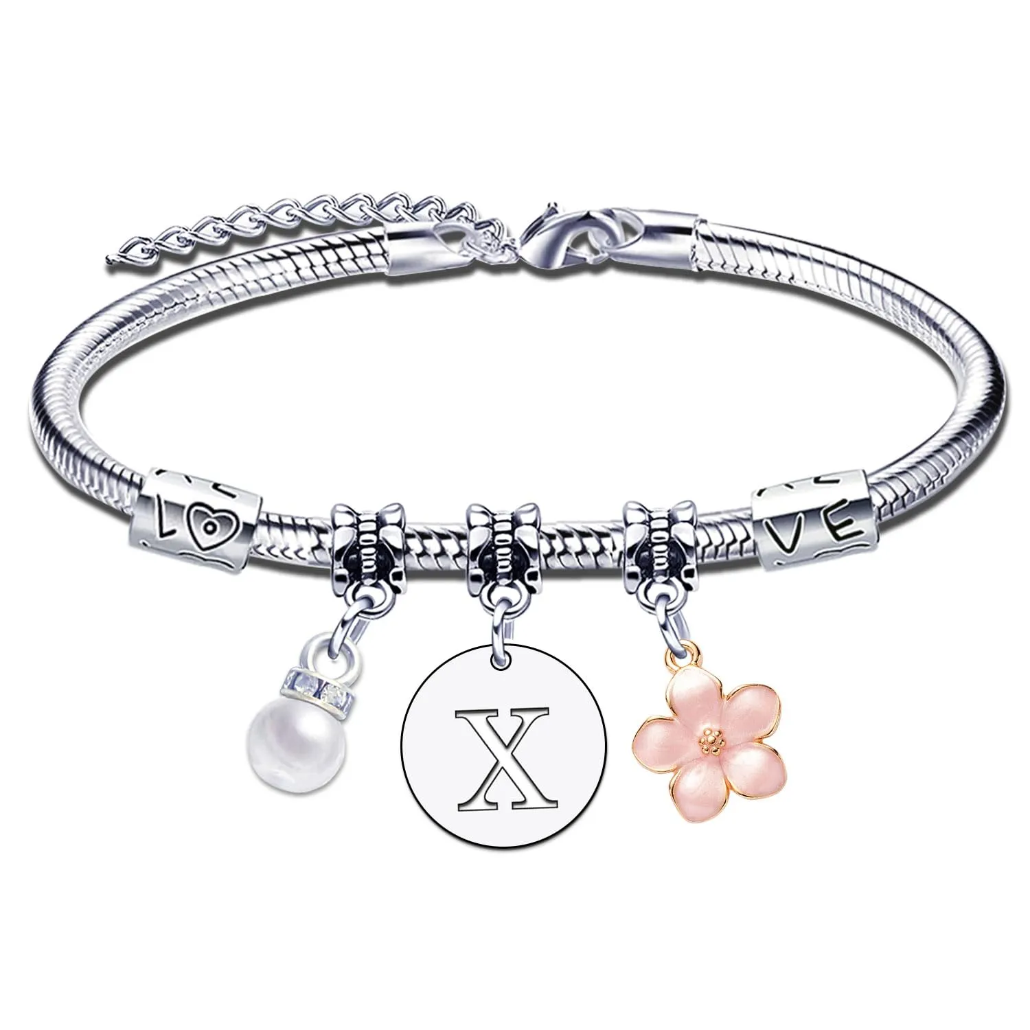 YJYJZX Iniziale Bracciale Con Donna Ragazza Amica Sorella Mamma Compleanno Natale Ispirazione Regali Regolabili Ciondolo Con Lettera A-Z Colore Argento Bracciale Gioielli per Donne Ragazze Regali (X) - immagine 1