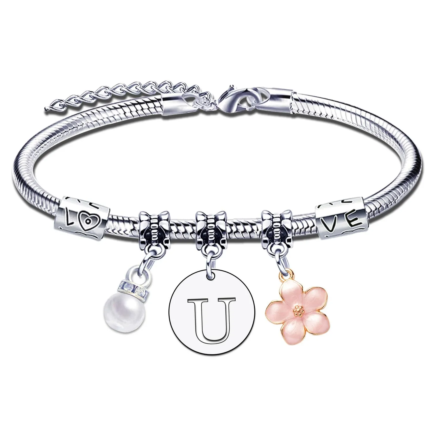 YJYJZX Iniziale Bracciale Con Donna Ragazza Amica Sorella Mamma Compleanno Natale Ispirazione Regali Regolabili Ciondolo Con Lettera A-Z Colore Argento Bracciale Gioielli per Donne Ragazze Regali (U) - immagine 1