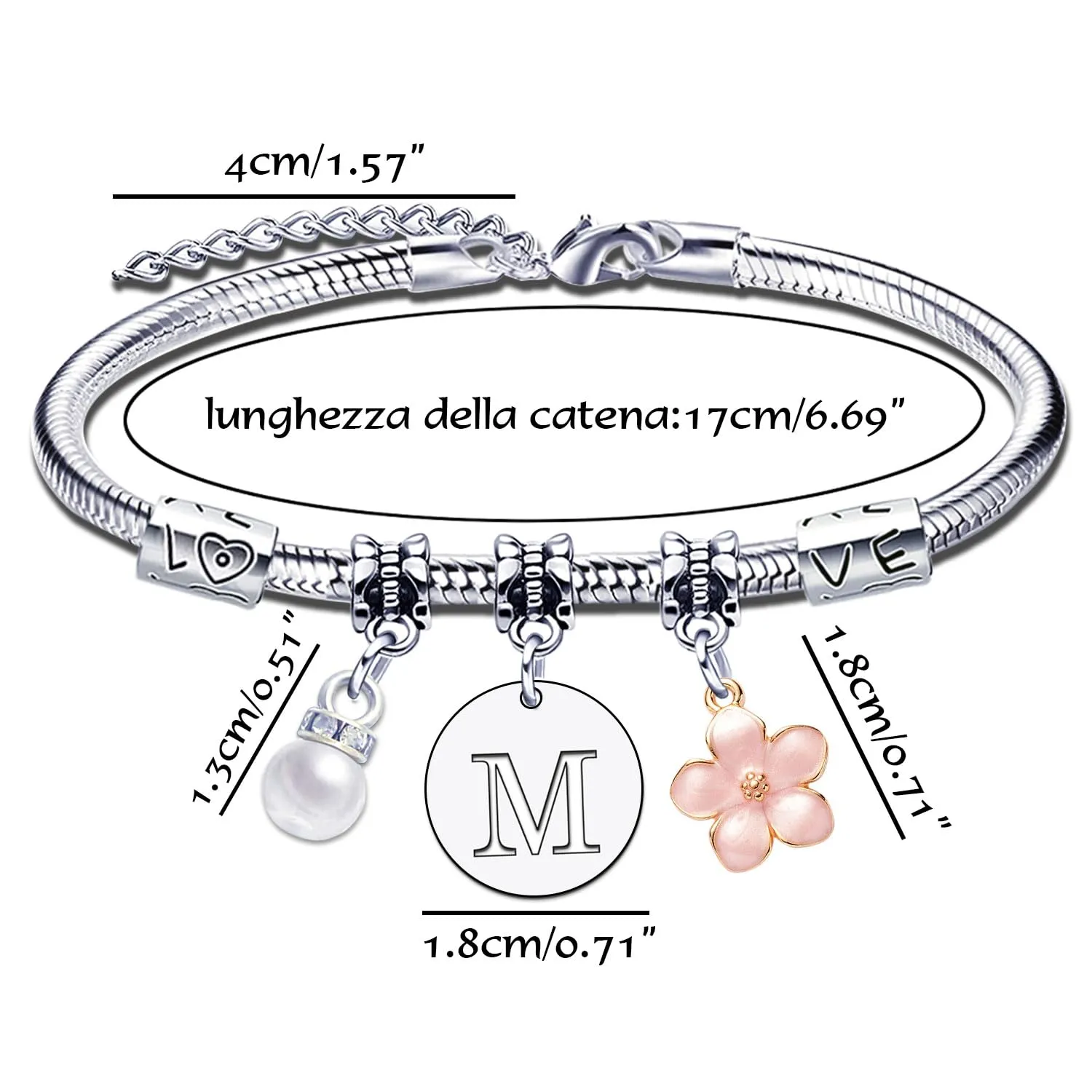 YJYJZX Iniziale Bracciale Con Donna Ragazza Amica Sorella Mamma Compleanno Natale Ispirazione Regali Regolabili Ciondolo Con Lettera A-Z Colore Argento Bracciale Gioielli per Donne Ragazze Regali (M) - immagine 6