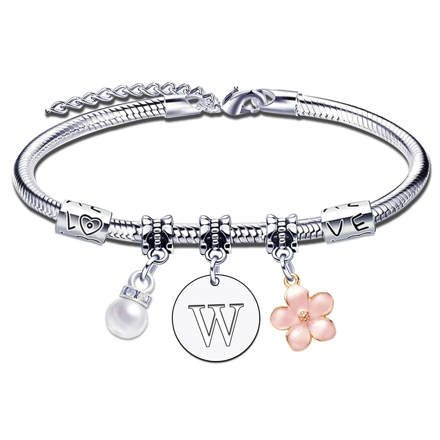 YJYJZX Iniziale Bracciale Con Donna Ragazza Amica Sorella Mamma Compleanno Natale Ispirazione Regali Regolabili Ciondolo Con Lettera A-Z Colore Argento Bracciale Gioielli per Donne Ragazze Regali (W) - immagine 1