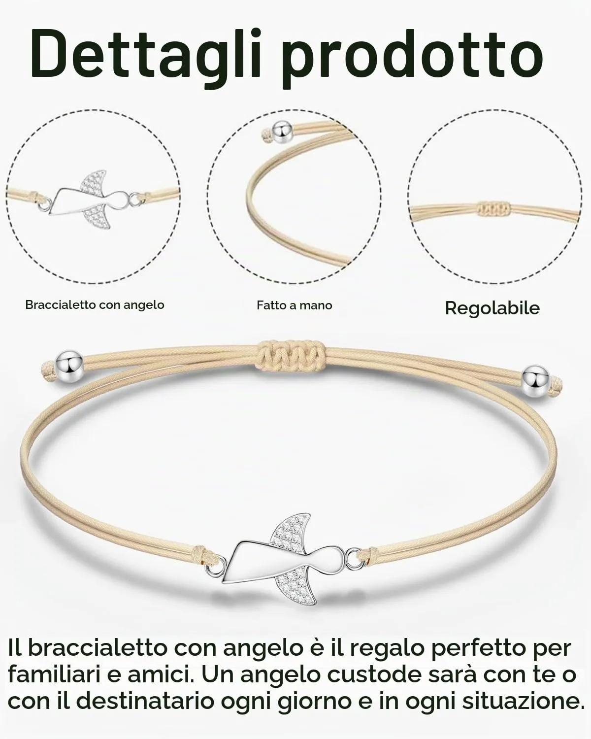 CULEB 1 Pezzo Bracciale Angelo Custode in Argento,Bracciale Portafortuna con Cordoncino Intrecciato Regolabile, Regalo per Cresima, Battesimo e Comunione per Ragazze Ragazzo Donne - immagine 3