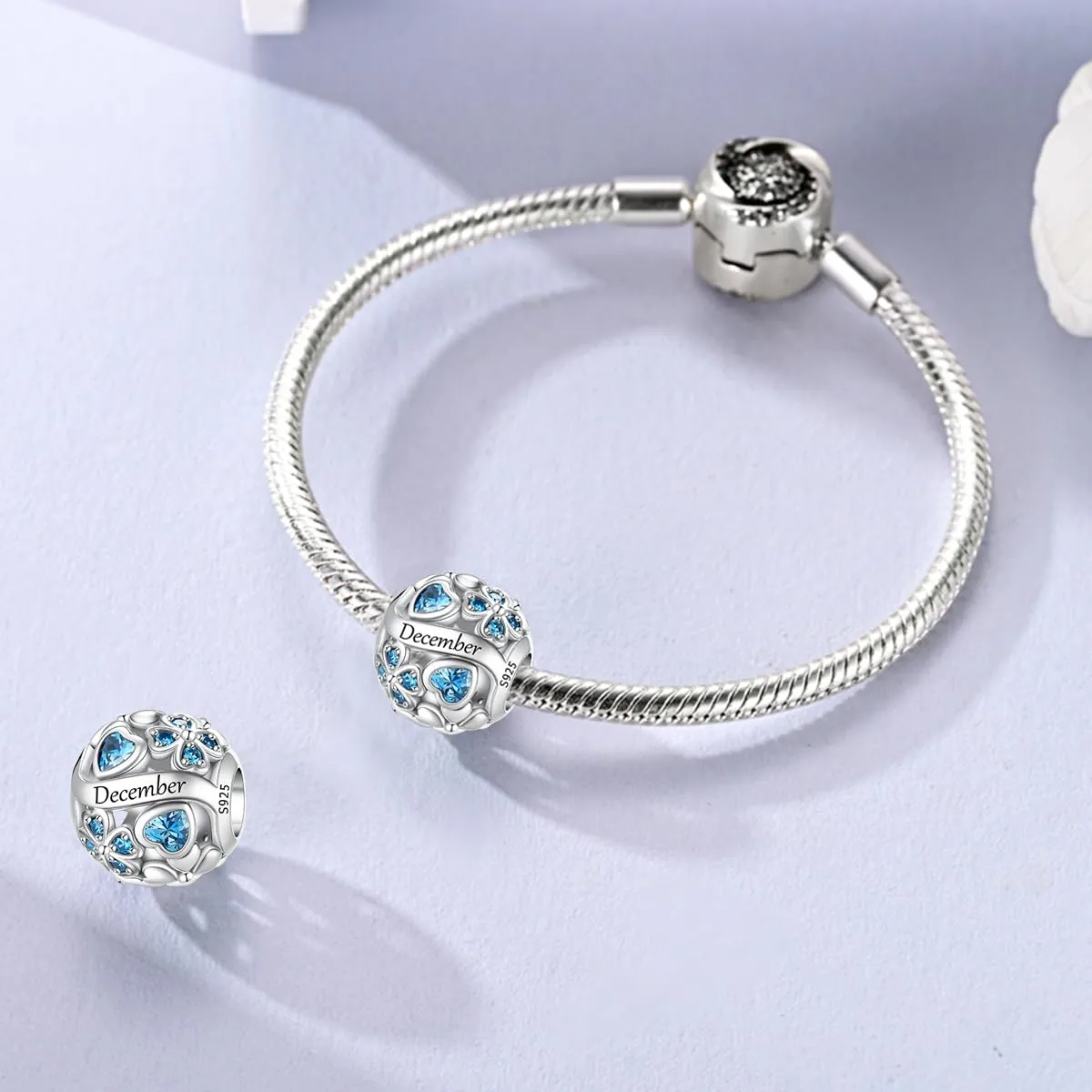 LNQOBU Birthstone Charms per Braccialetti, 925 Argento Sterling Perline di Fascino a Forma di Cuore con trifoglio Portafortuna, Ciondolo d'amore, Regalo di Compleanno per le Donne - immagine 2