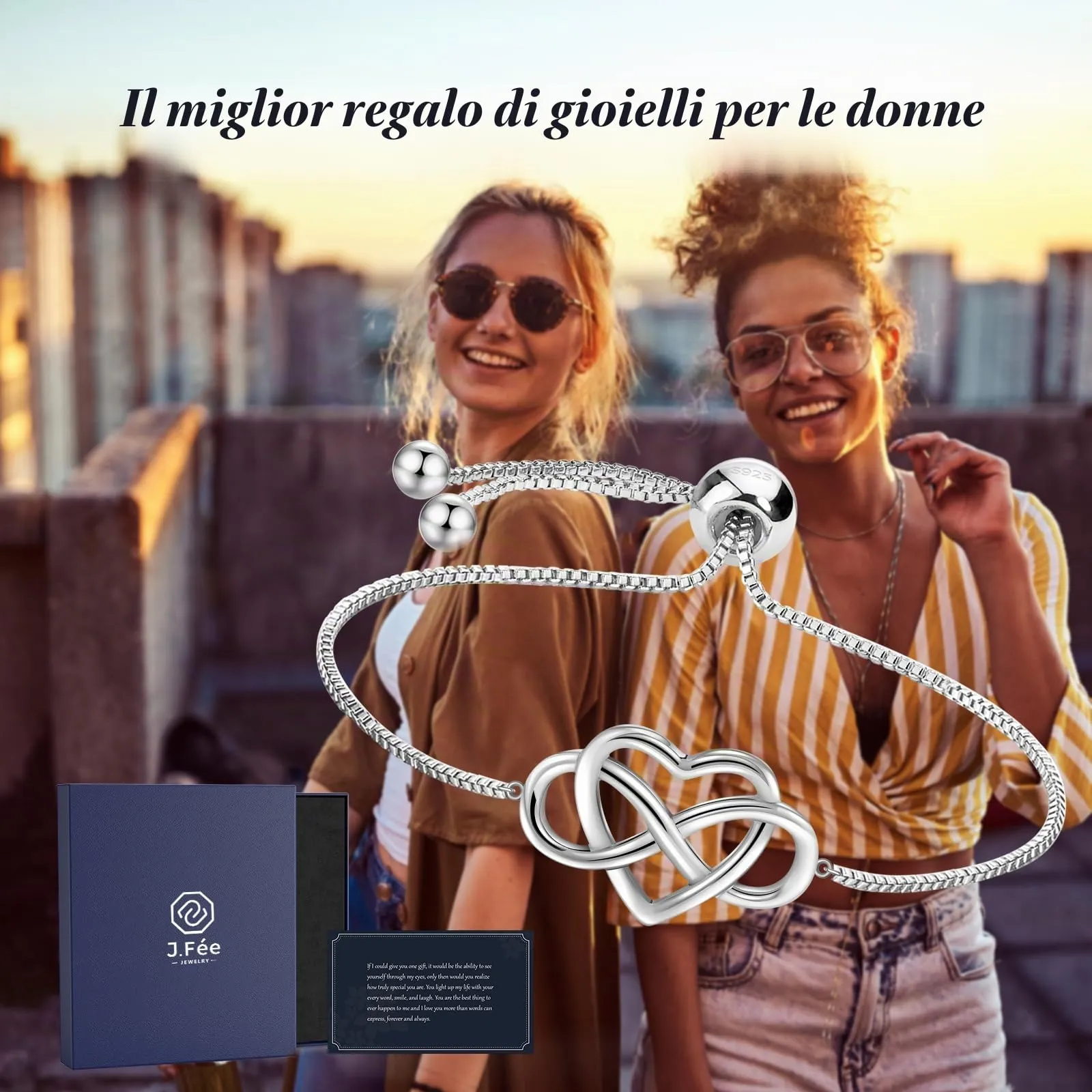 J.Fée - Braccialetti a cuore infinito da donna con zirconi cubici 5A, bracciali in argento 925 per donne, bracciale regolabile da donna, gioielli per moglie, fidanzata, per lei, Regolabile, Argento - immagine 6