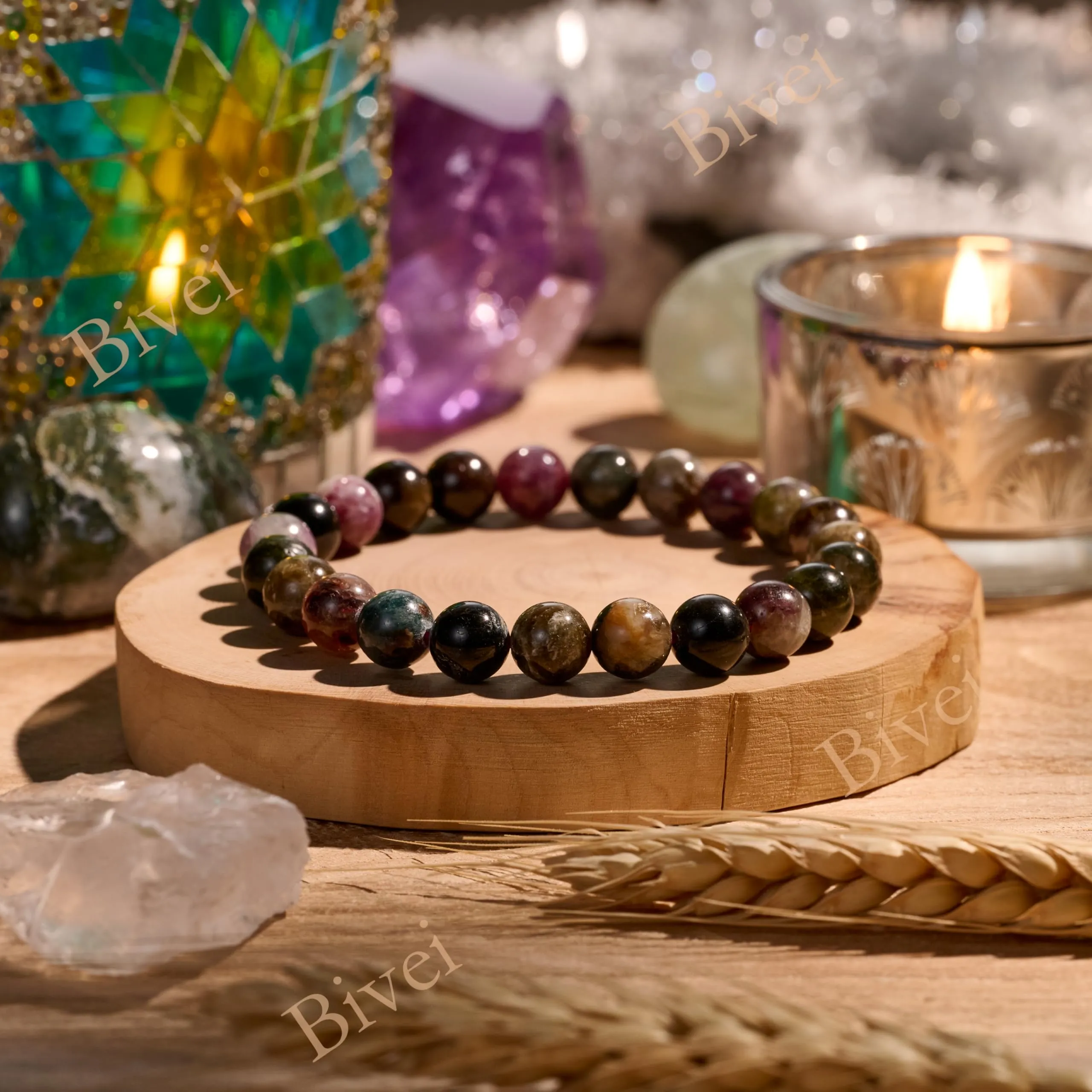 Bivei Bracciale Donna Pietre Naturali Tourmalina Arcobaleno 8 mm, 21 cm - immagine 2