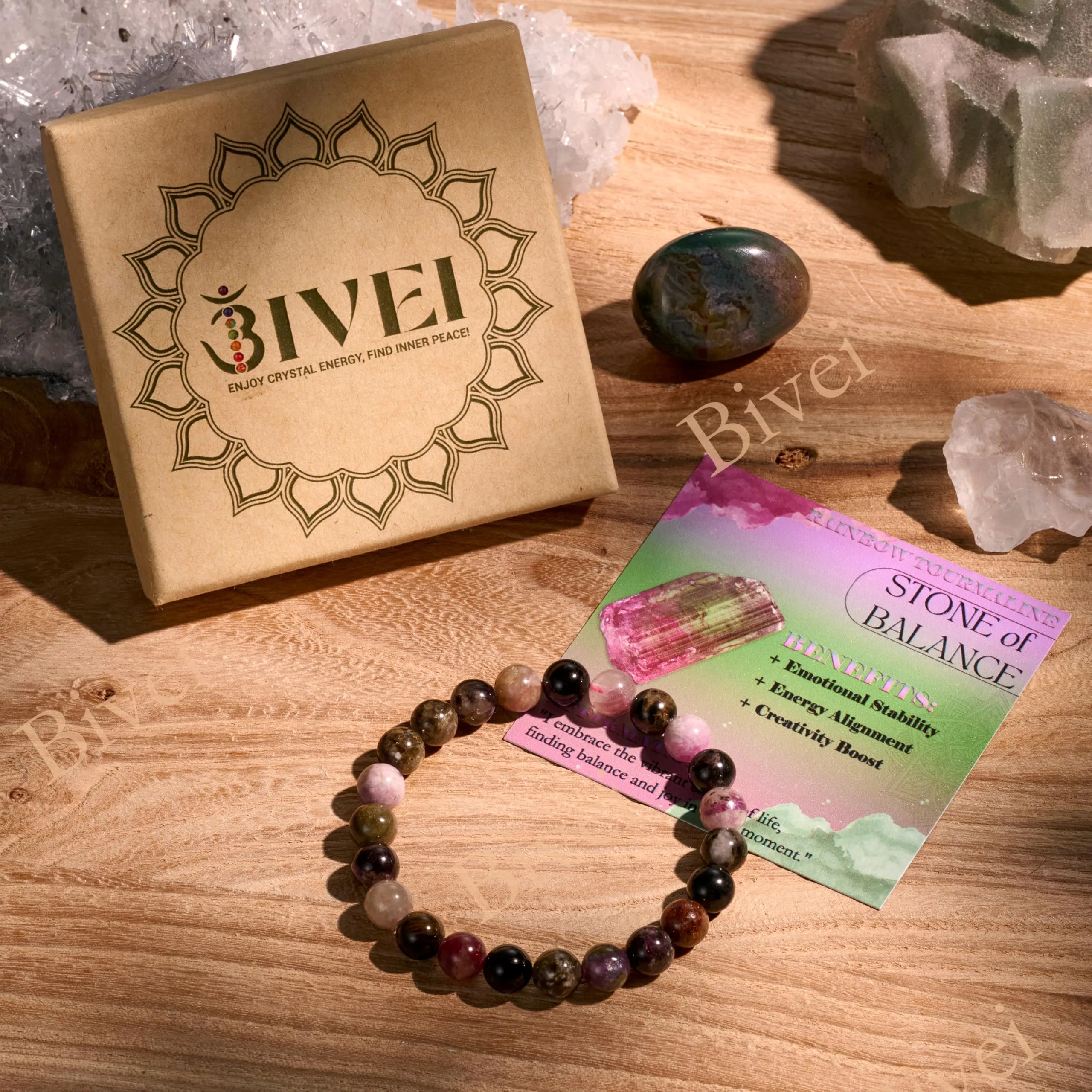Bivei Bracciale Donna Pietre Naturali Tourmalina Arcobaleno 8 mm, 21 cm - immagine 3