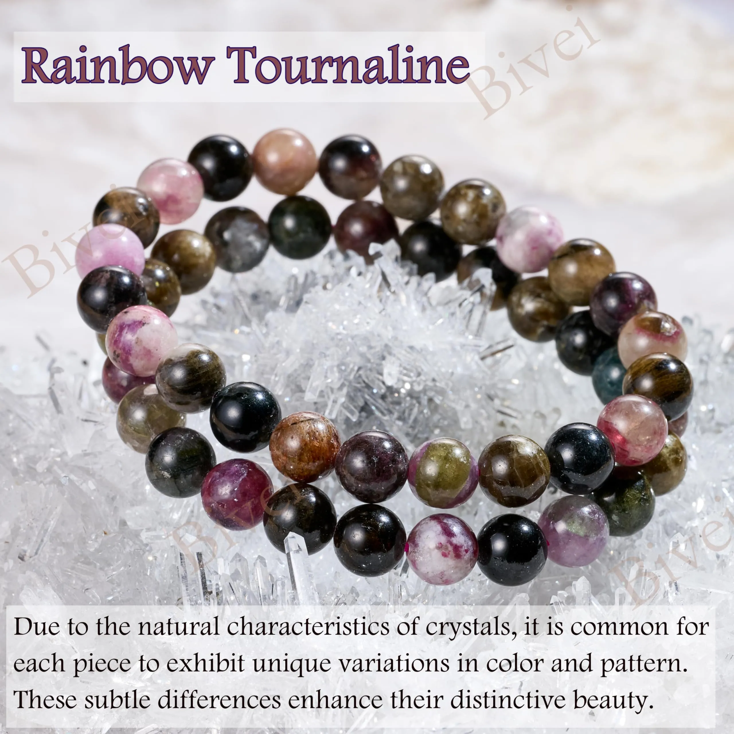 Bivei Bracciale Donna Pietre Naturali Tourmalina Arcobaleno 8 mm, 21 cm - immagine 4
