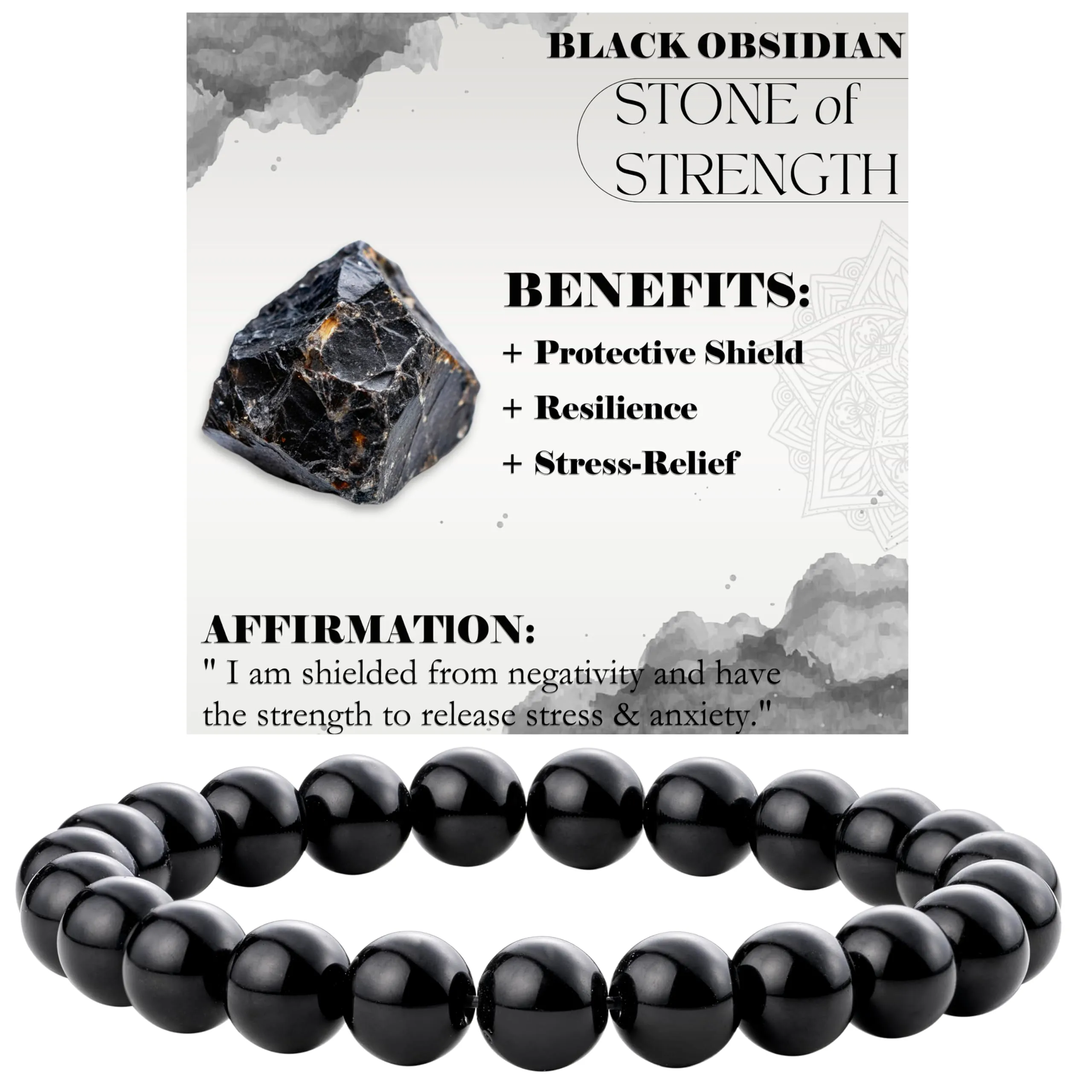Bivei Bracciale Donna Pietre Naturali Ossidiana Nera 8 mm, 21 cm - immagine 1