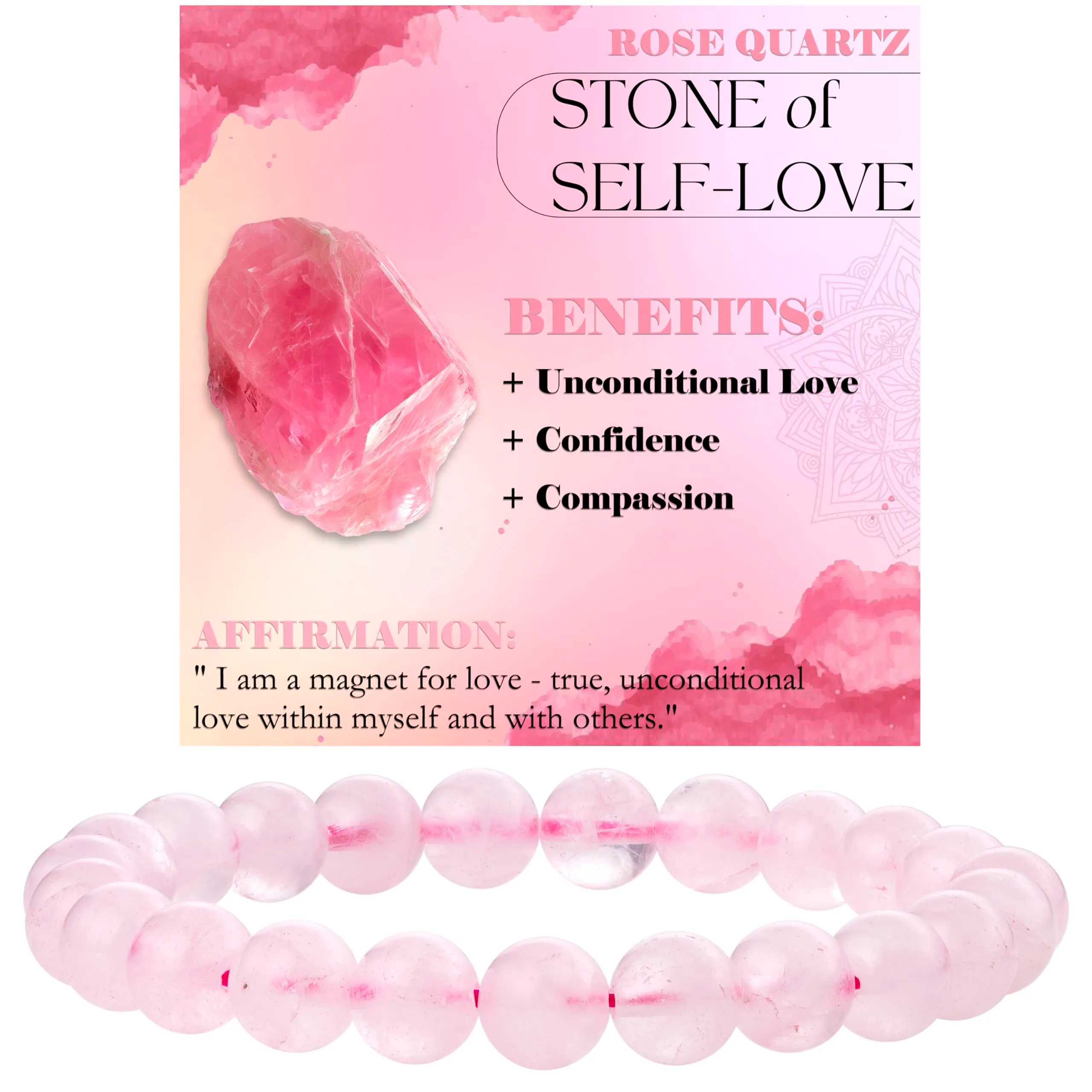 Bivei Bracciale Donna Pietre Naturali Quarzo rosa 8 mm, 17 cm - immagine 1