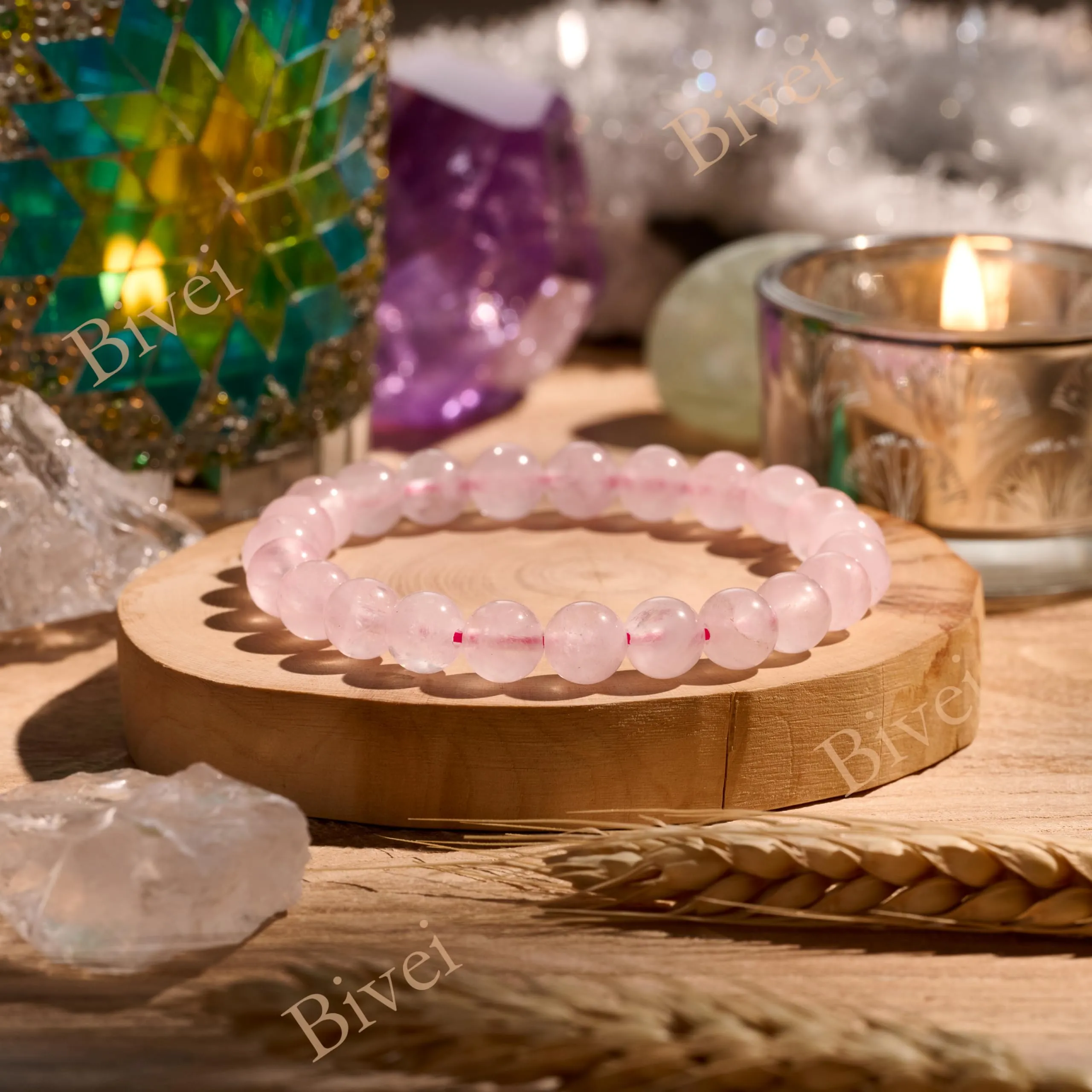 Bivei Bracciale Donna Pietre Naturali Quarzo rosa 8 mm, 17 cm - immagine 4