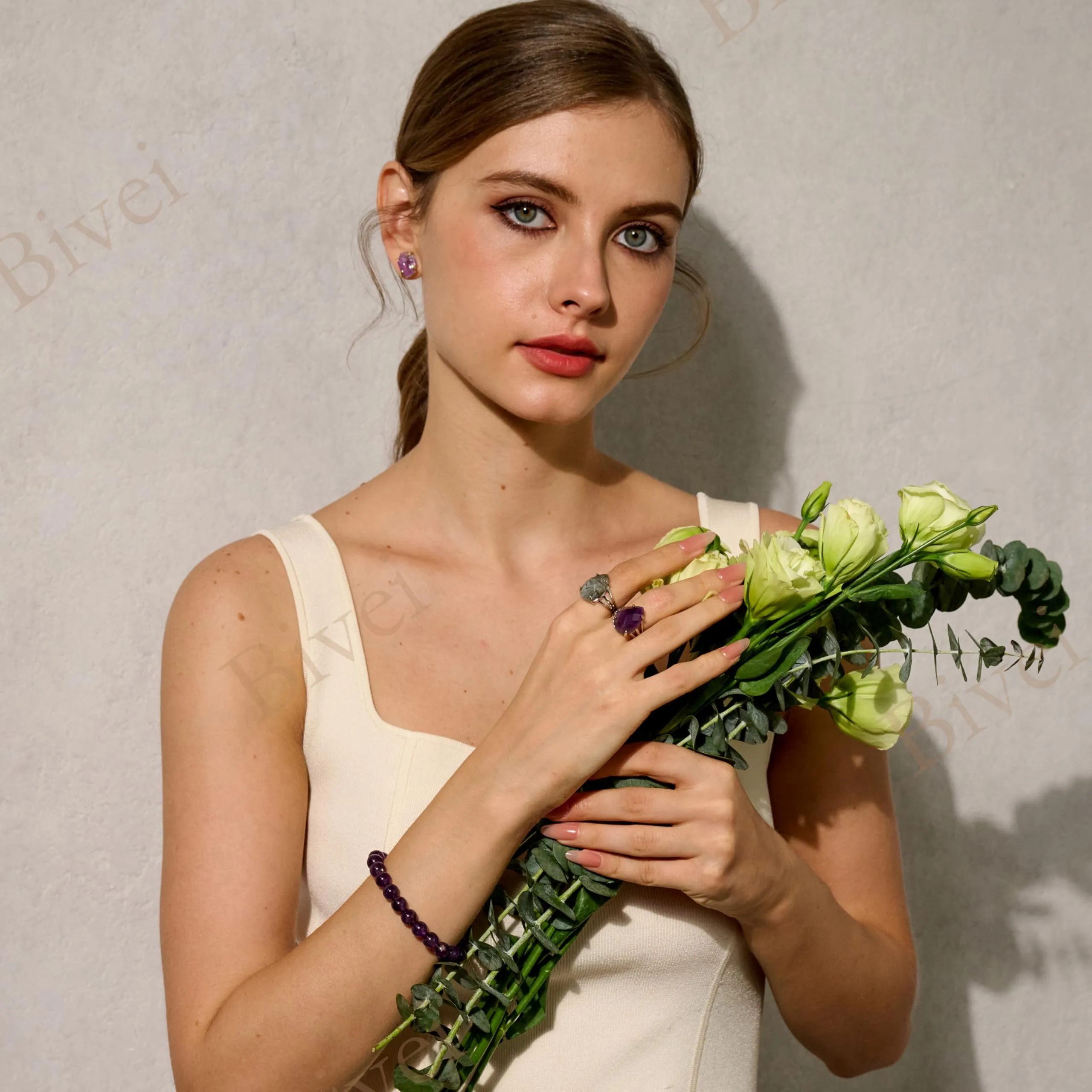 Bivei Bracciale Donna Pietre Naturali Ametista 8 mm, 17 cm - immagine 3