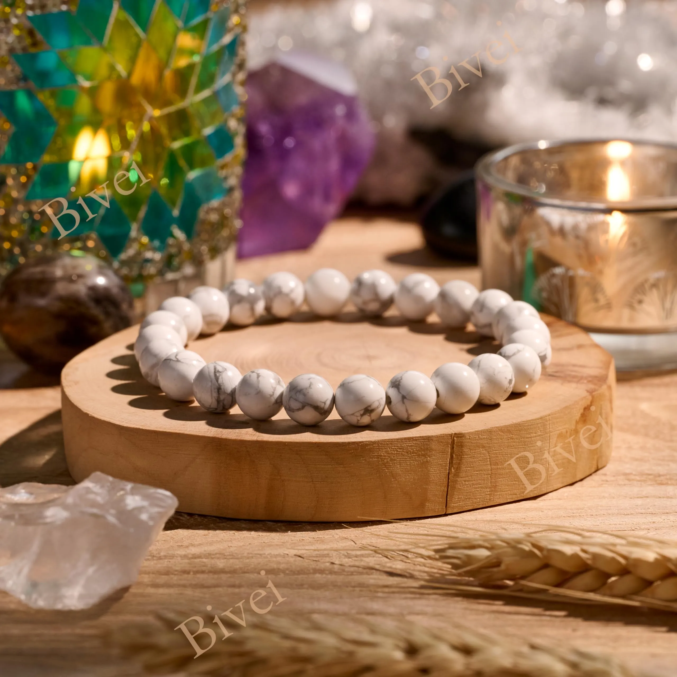 Bivei Bracciale Donna Pietre Naturali Howlite 8 mm, 21 cm - immagine 4